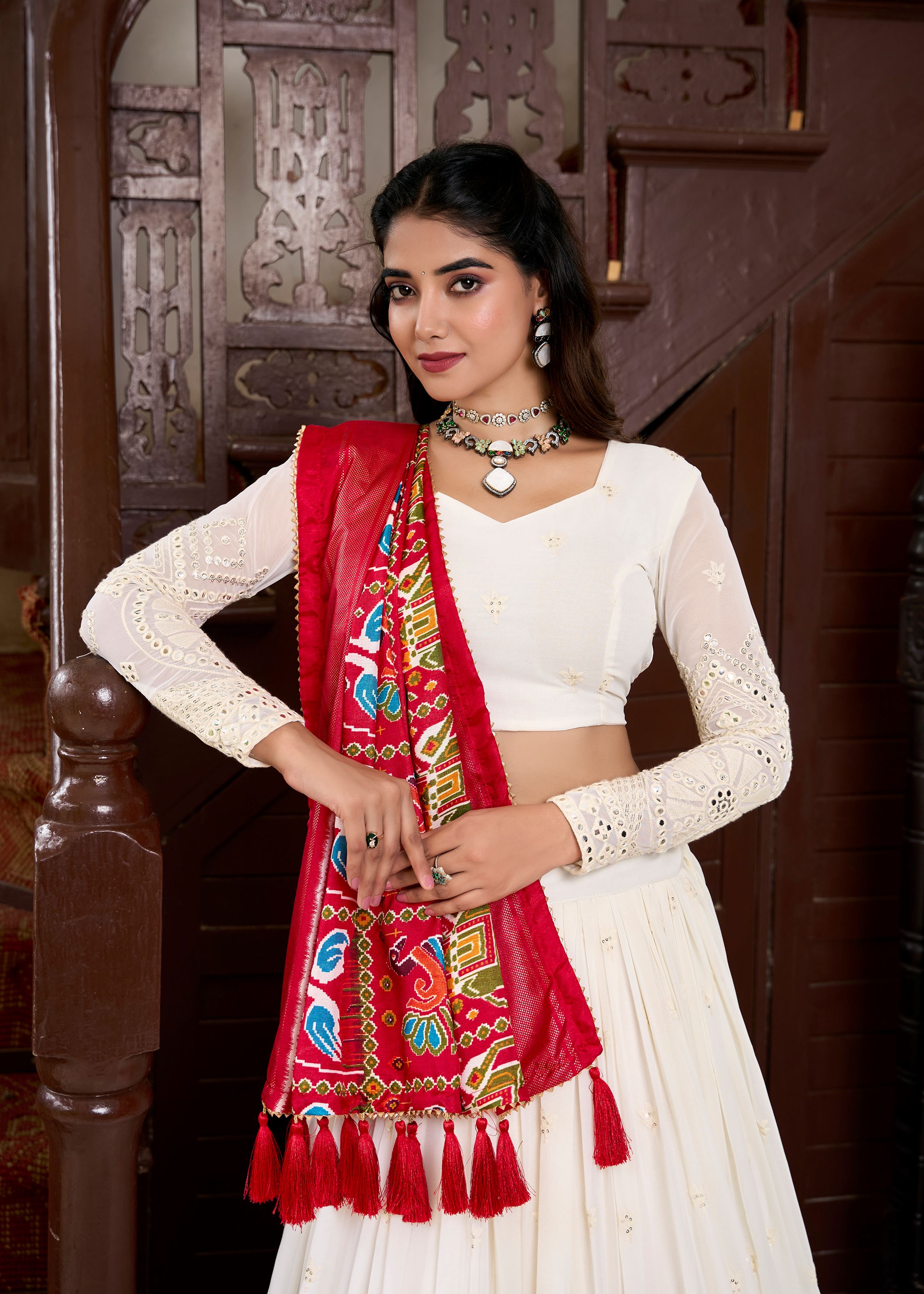 White Elegance Lucknowi Embroidered Lehenga with Subtle Mirror Highlights