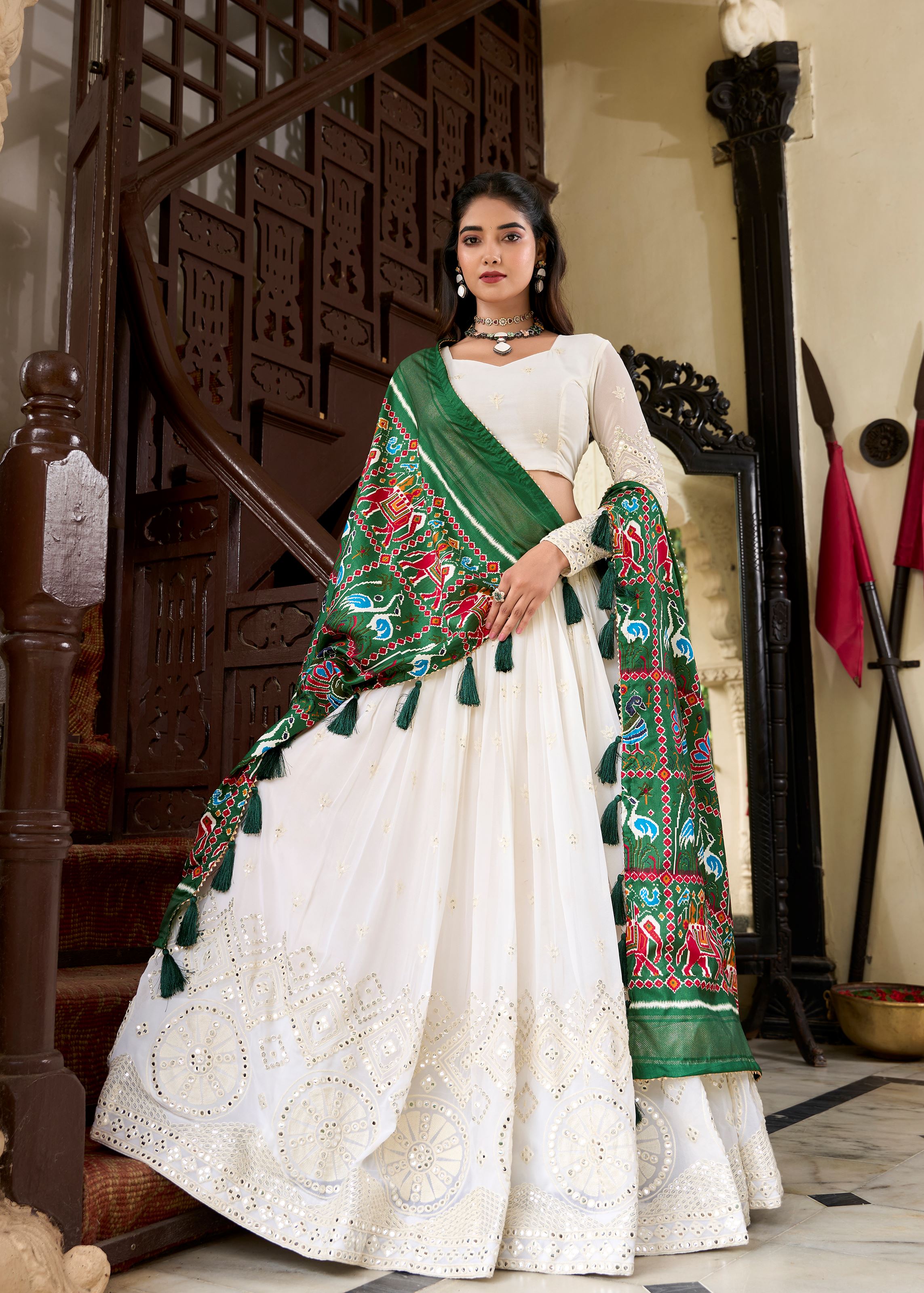 White Elegance Lucknowi Embroidered Lehenga with Subtle Mirror Highlights