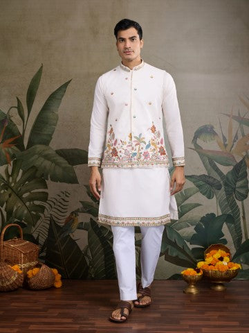 White Embroidered Kurta with Jacket for Ceremonial Look