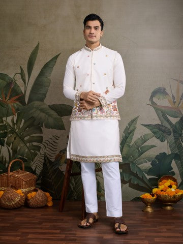 White Embroidered Kurta with Jacket for Ceremonial Look