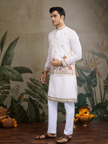 White Embroidered Kurta with Jacket for Ceremonial Look