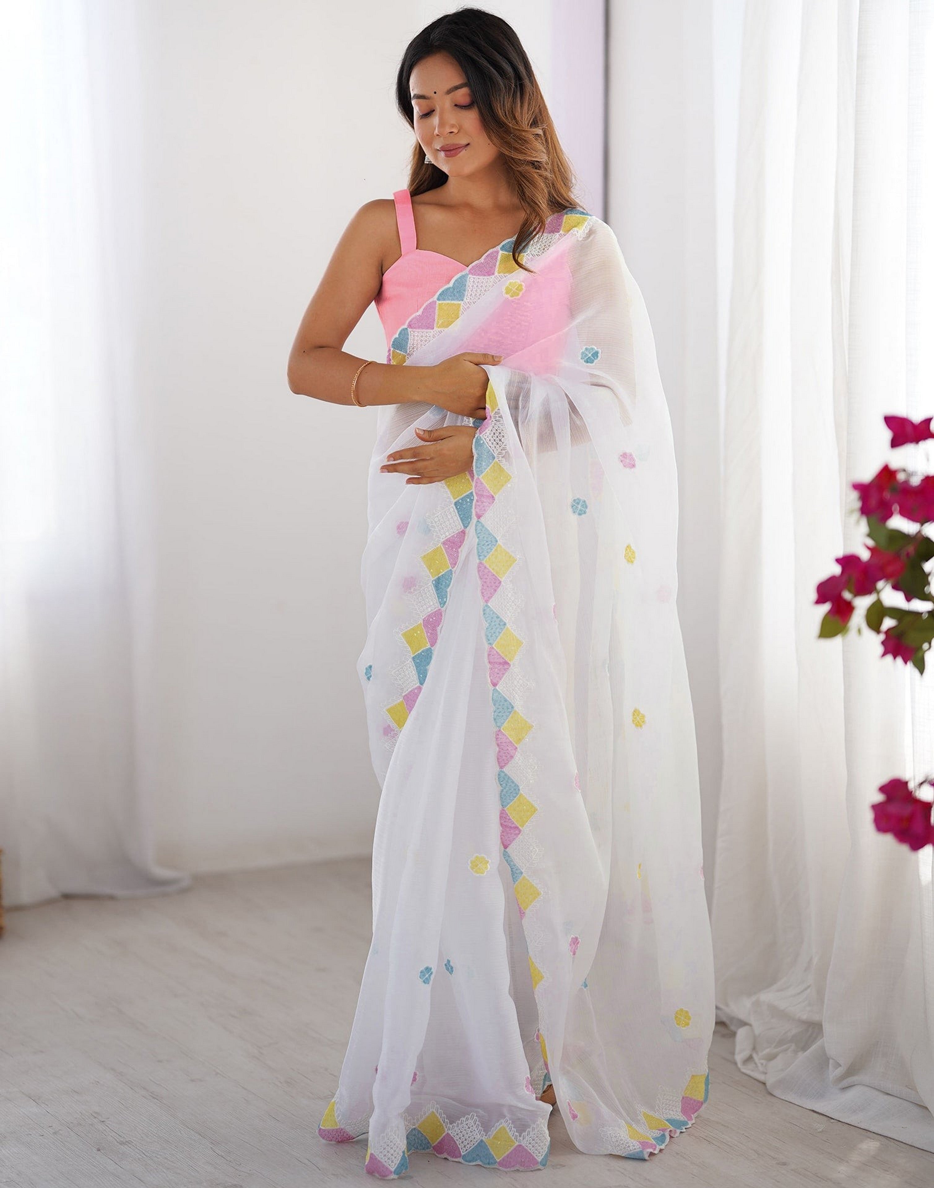 White Fancy Embroidery Work Jimmy Choo Girlie Bollywood Saree