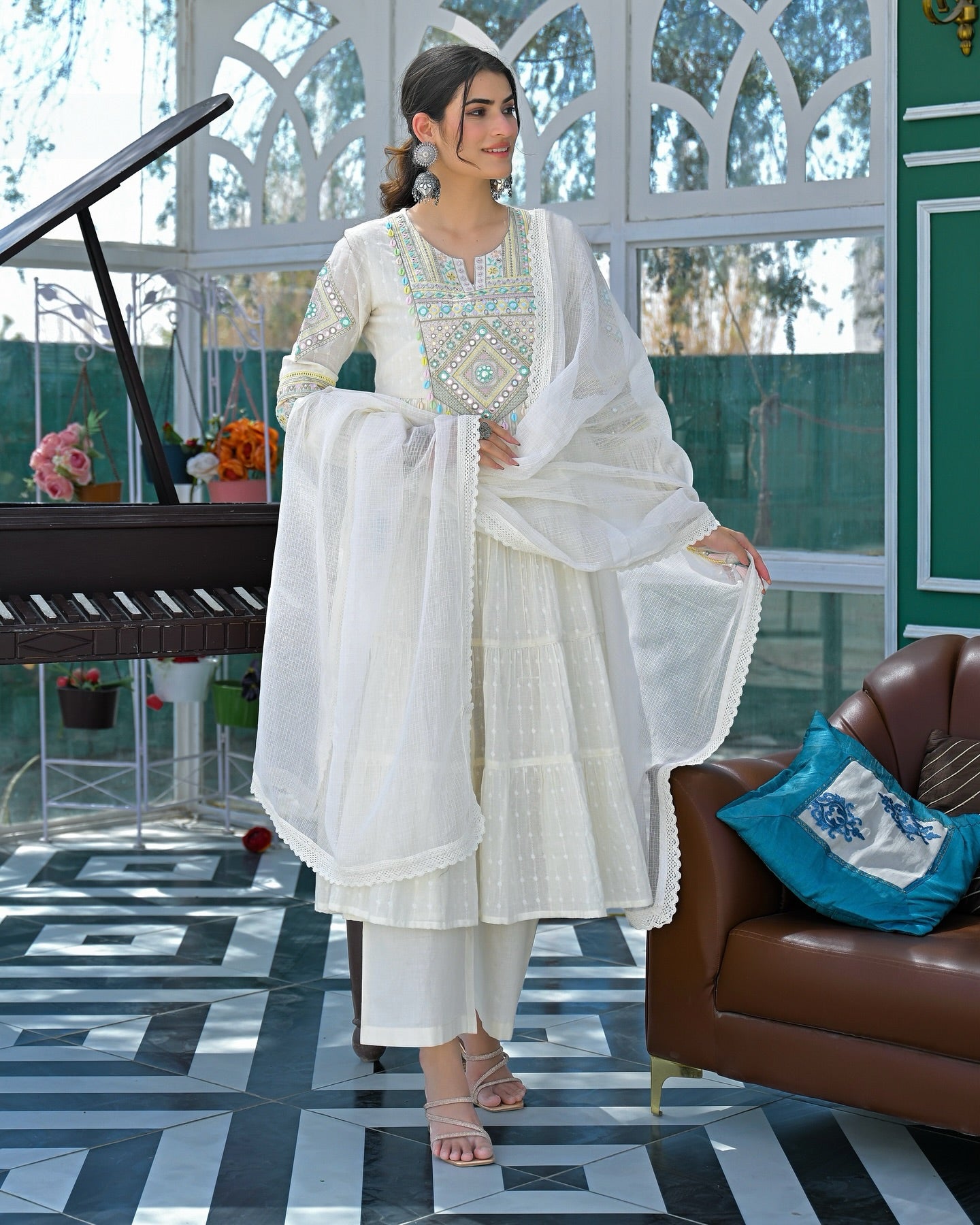 White Flex Butti Cotton Kurta Pant Set With Heavy Thread Embroidery Work With Hand Kodi Lace