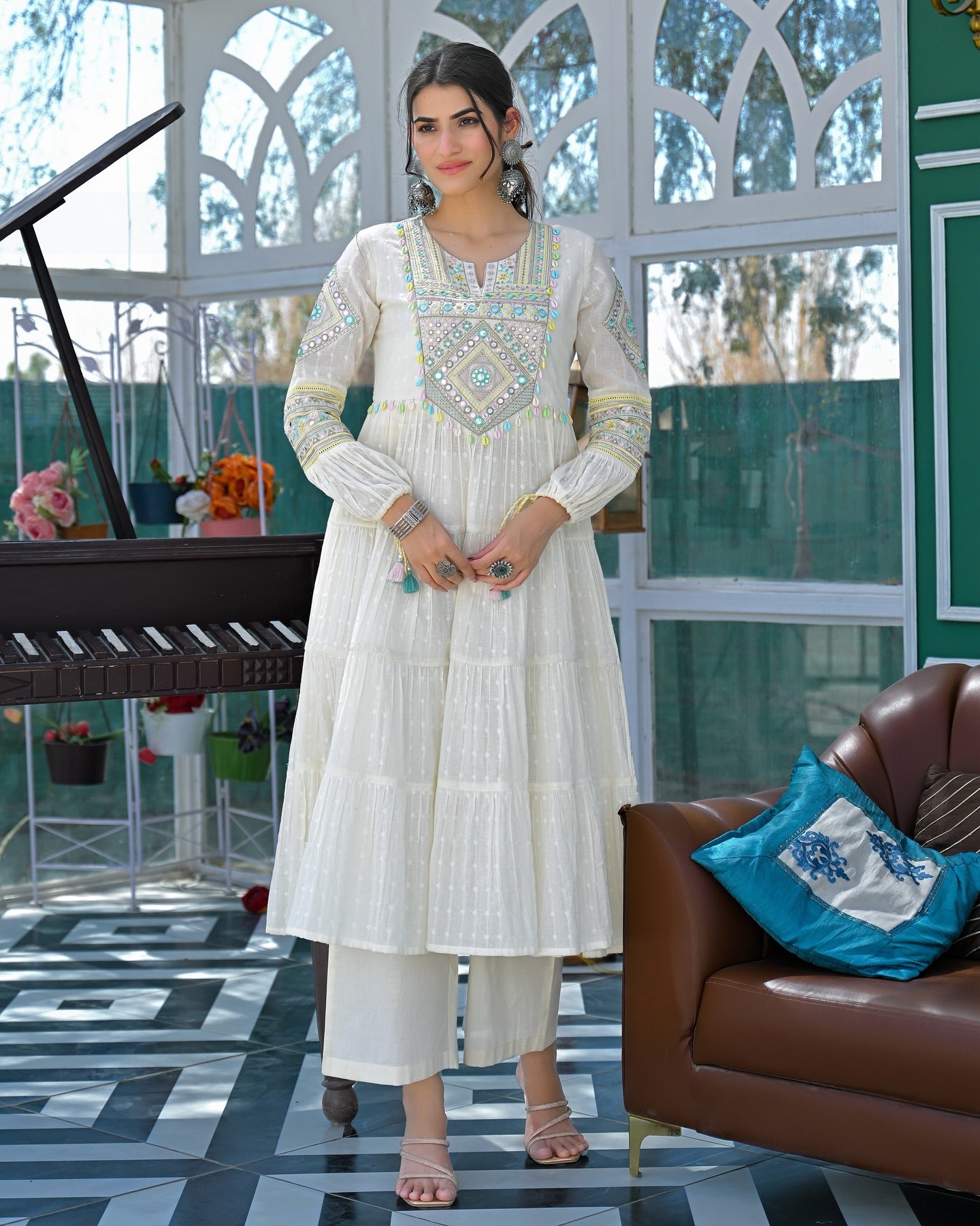 White Flex Butti Cotton Kurta Pant Set With Heavy Thread Embroidery Work With Hand Kodi Lace
