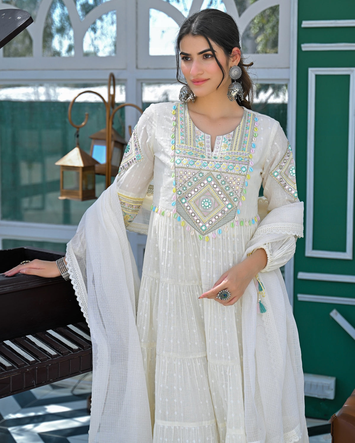 White Flex Butti Cotton Kurta Pant Set With Heavy Thread Embroidery Work With Hand Kodi Lace