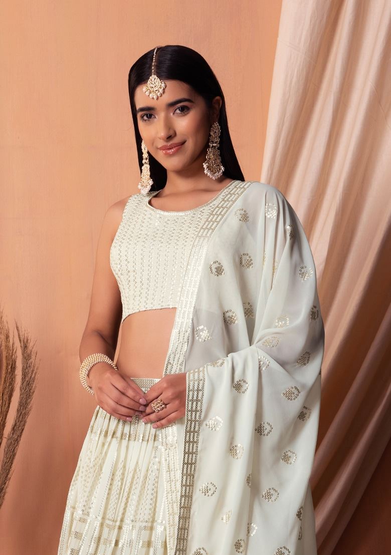 White Georgette Lehenga Choli With Sequins & Thread Embroidery Work