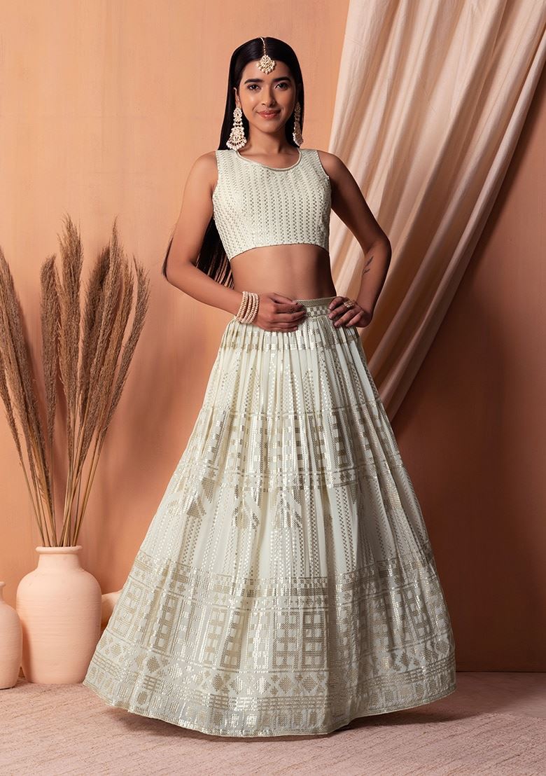 White Georgette Lehenga Choli With Sequins & Thread Embroidery Work