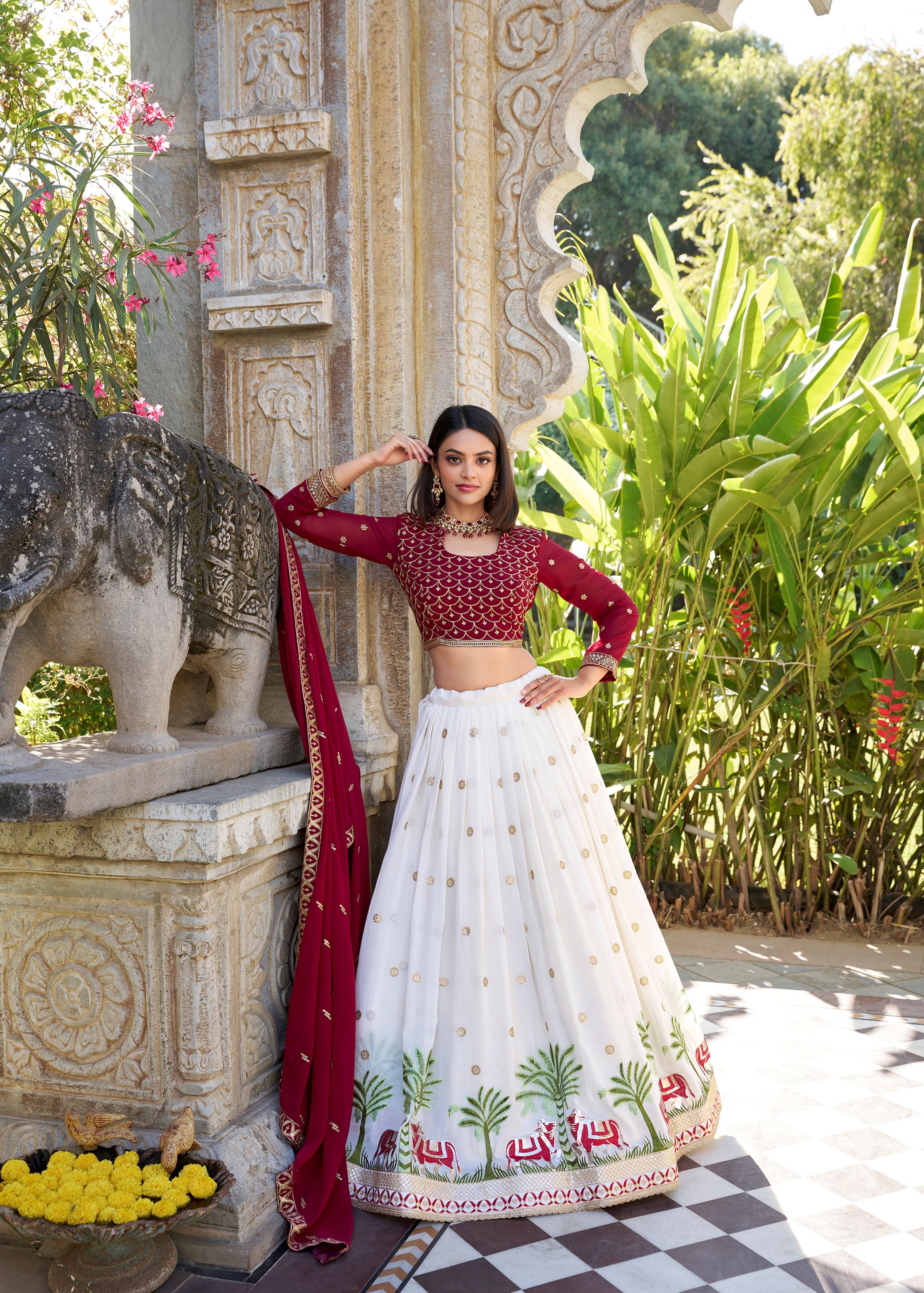 White Georgette Lehenga with Delicate Embroidery