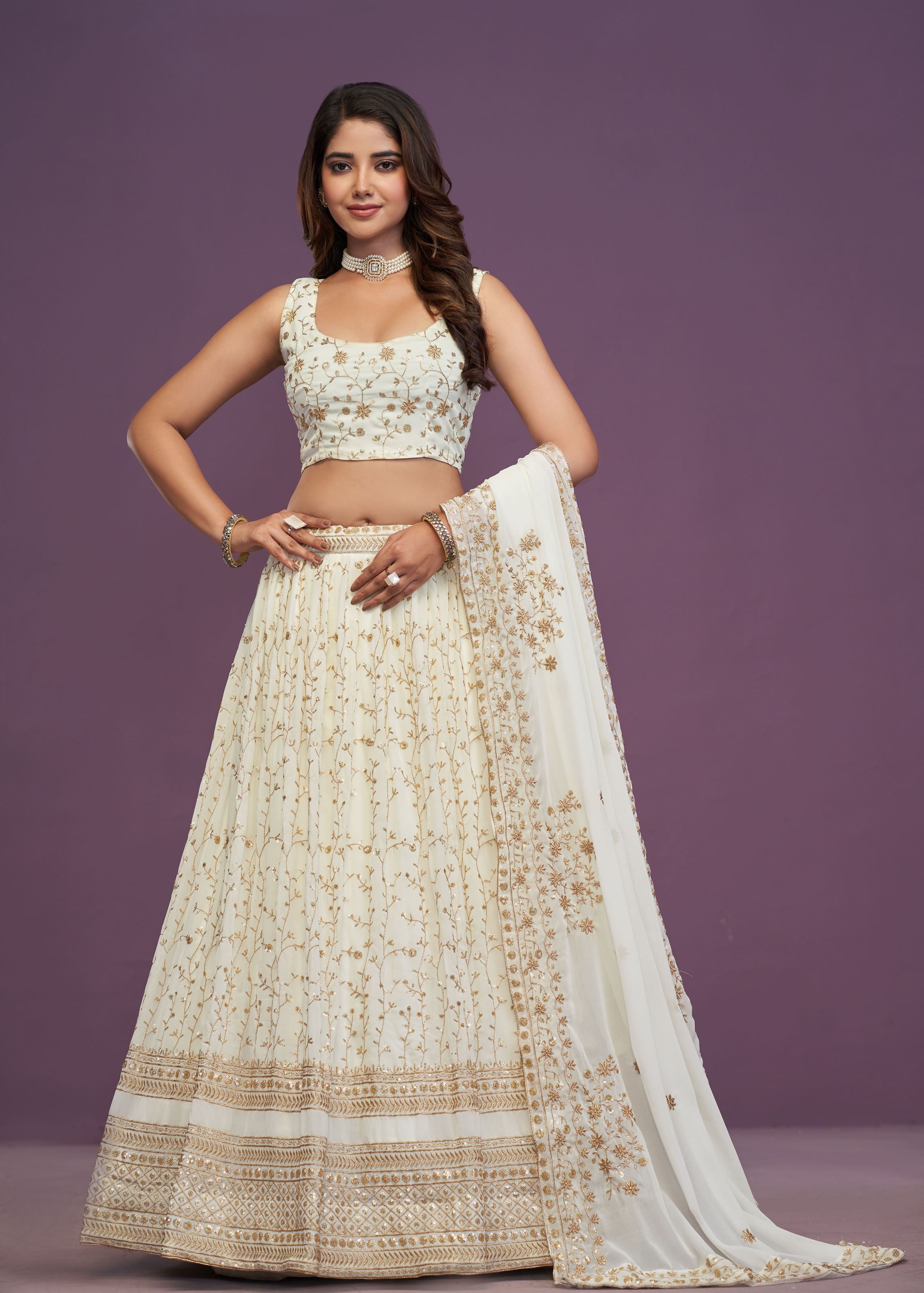 White Georgette Zari Sequence Embroidery Work Lehenga Choli