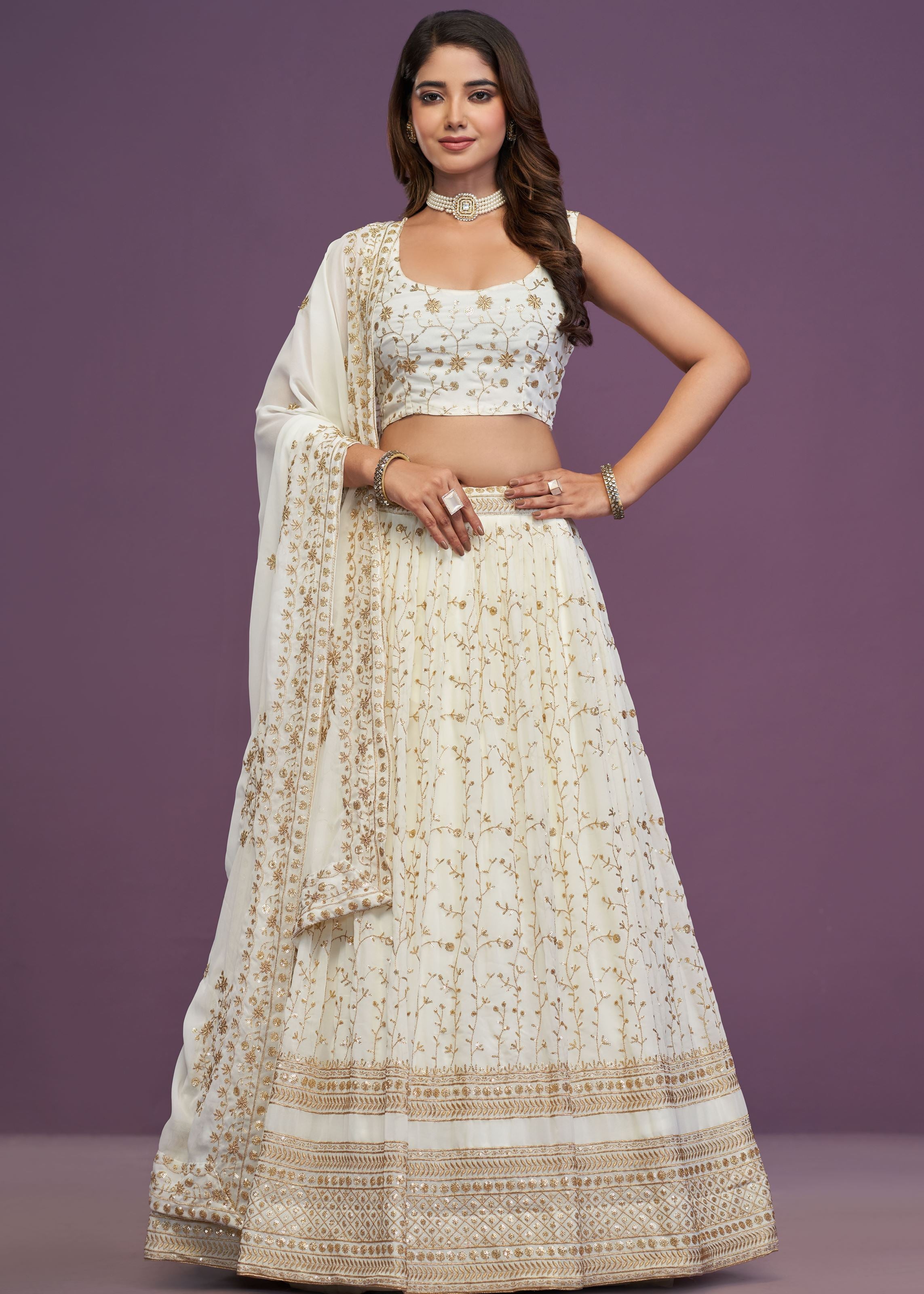 White Georgette Zari Sequence Embroidery Work Lehenga Choli