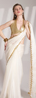 White Glamorous Bollywood Style Solid Fancy Designer Burberry Organza Saree