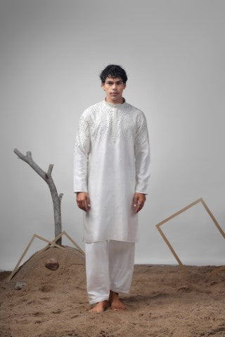 White Greek Satin Heavy Embroidered Ethnic Ceremonial Kurta Pajama