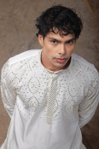 White Greek Satin Heavy Embroidered Ethnic Ceremonial Kurta Pajama