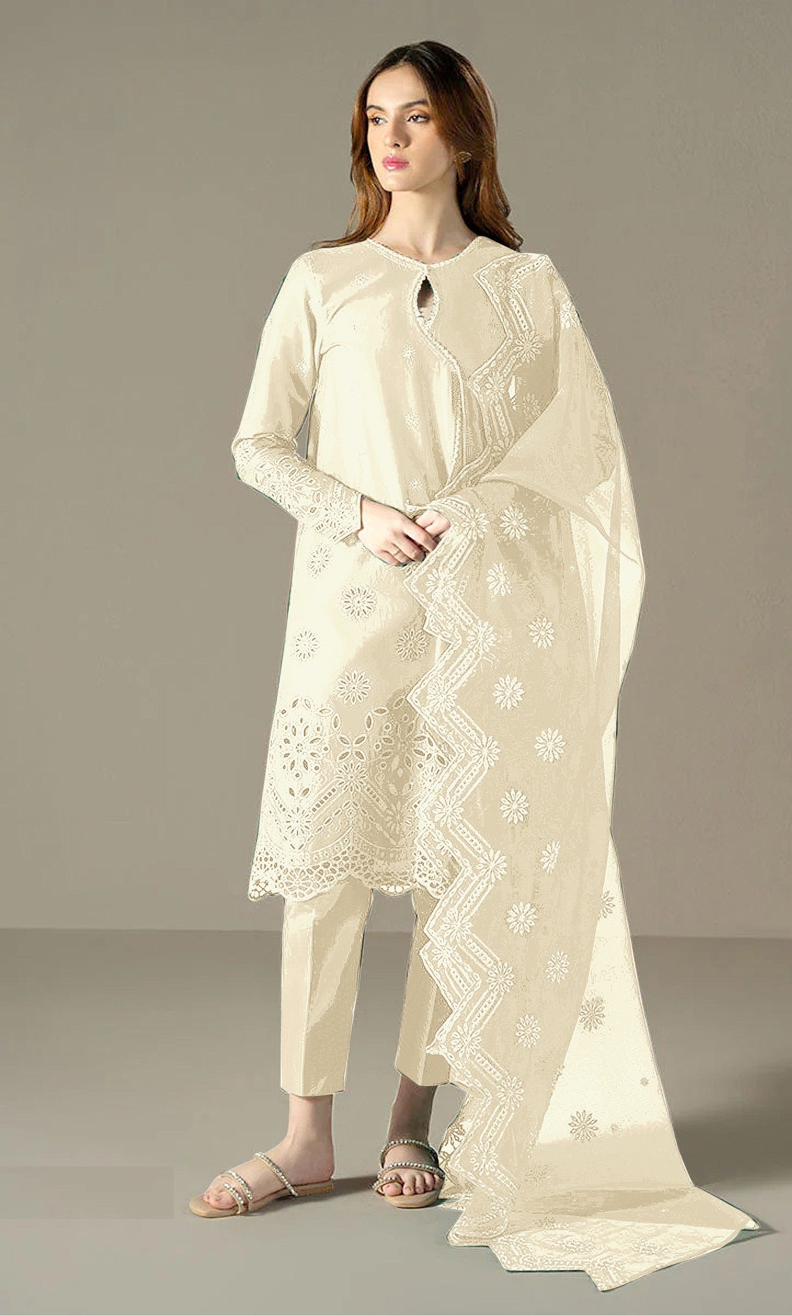 White Heavy Designer Suit With Heavy Embroidery Work