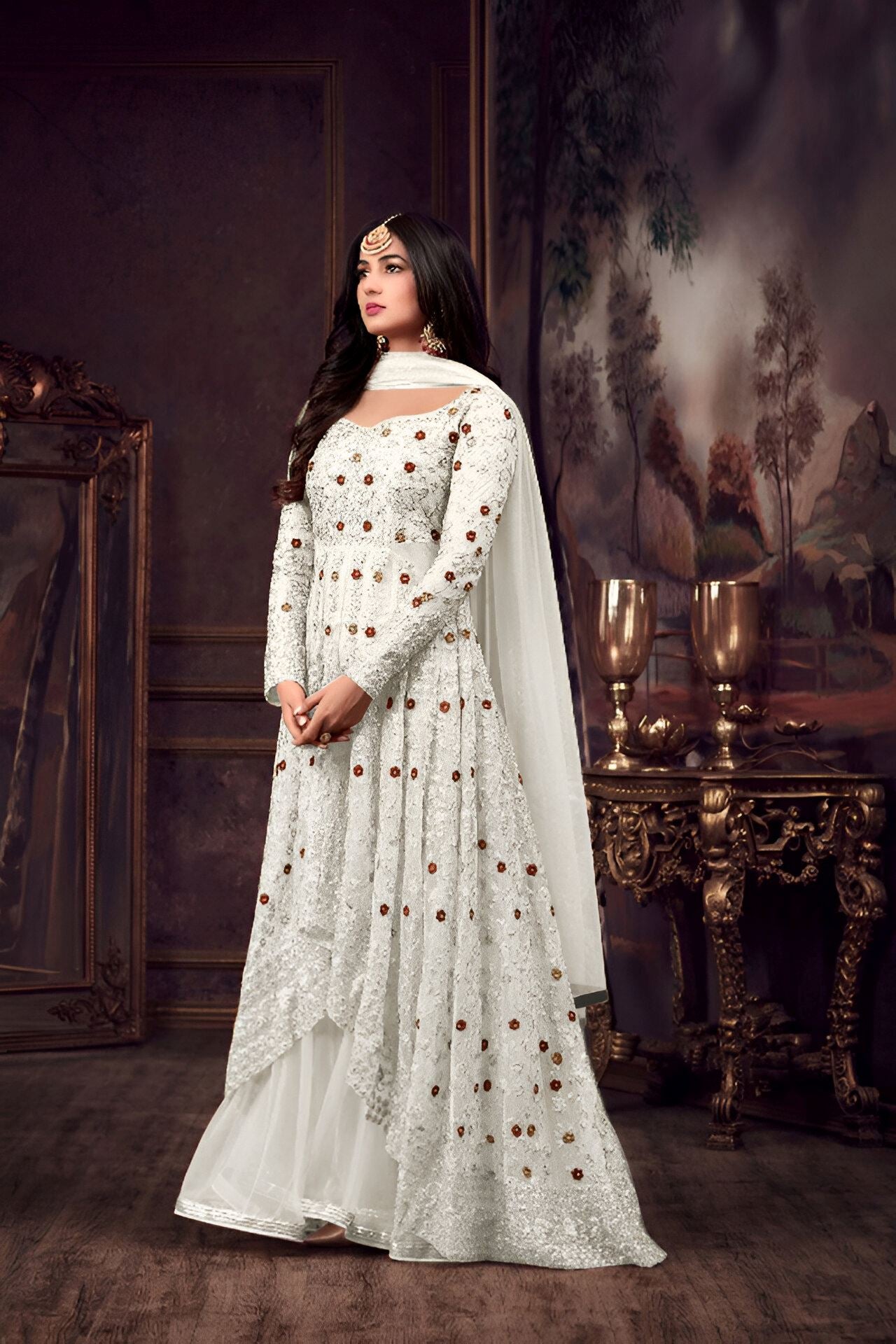 White Heavy Designer Suit With Heavy Embroidery Work