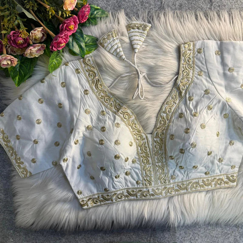 White Heavy Embroidery Work Partywear Blouse in Roman Silk with Embroidery & Sequins