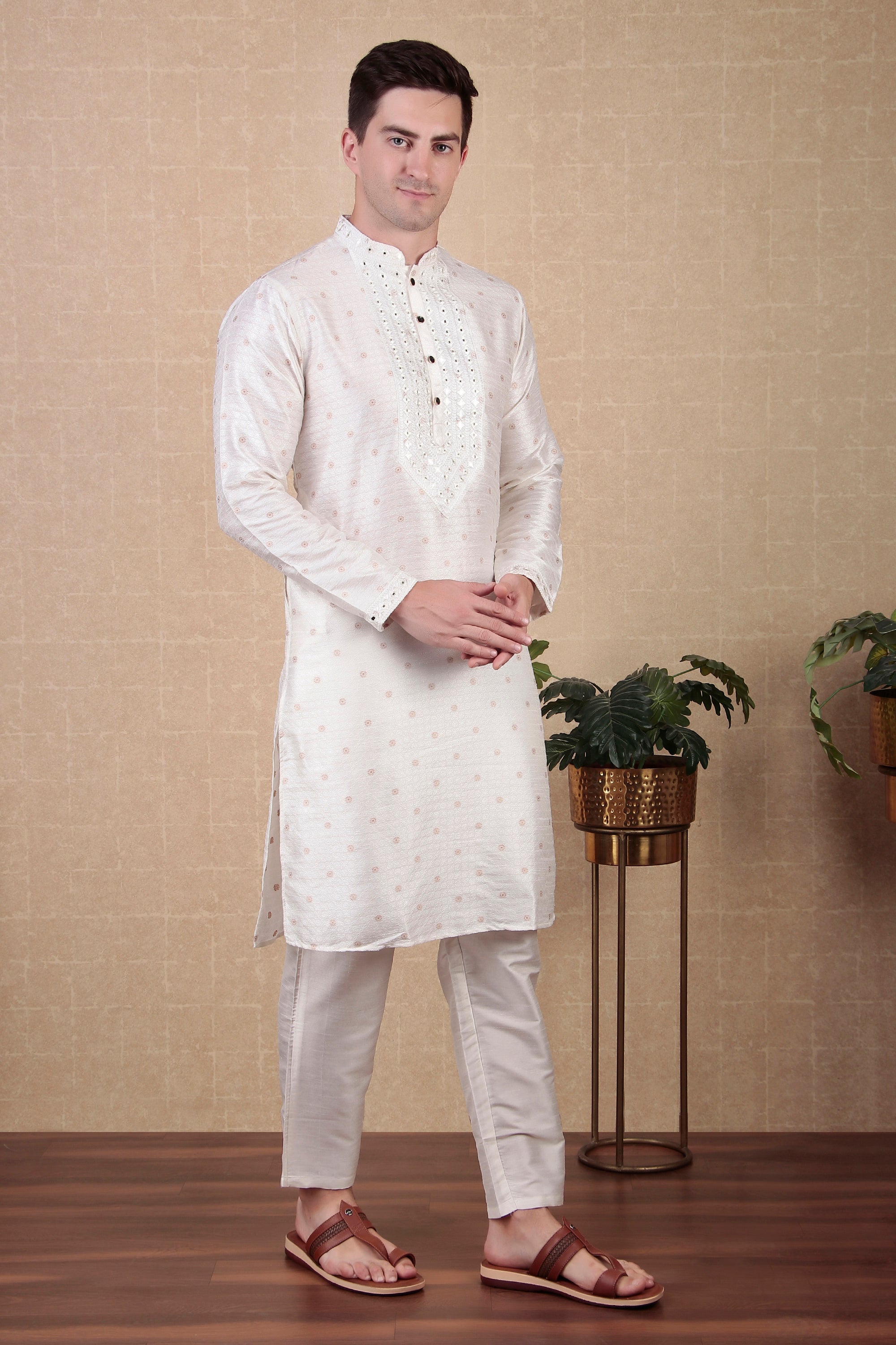 White Jacquard Silk Kurta Payjama – Classic and Elegant