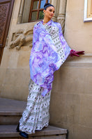 White Japan Satin Crape Saree with  Printed Work