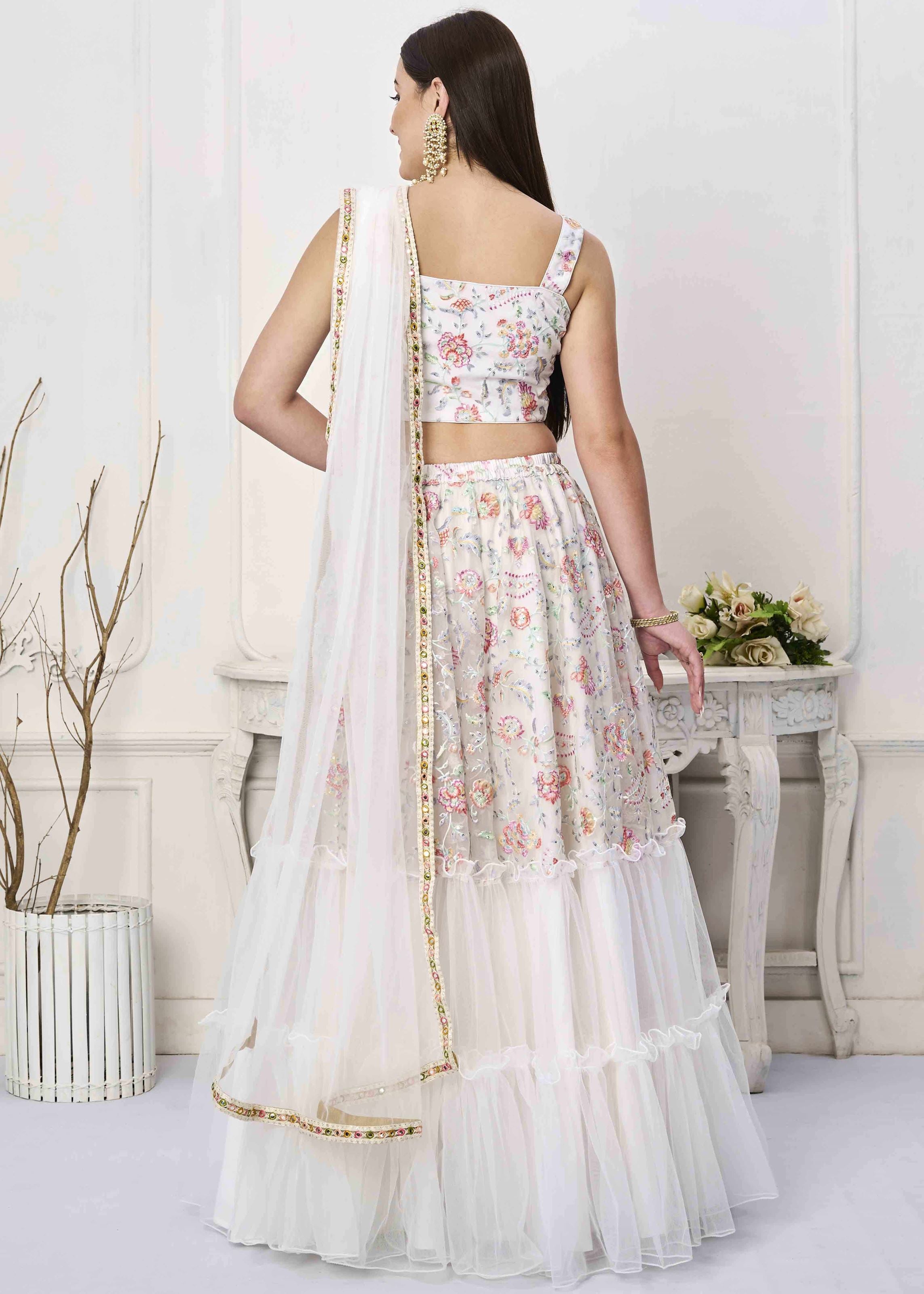 White Lehenga Choli with Thread Embroidery With Sequins Work