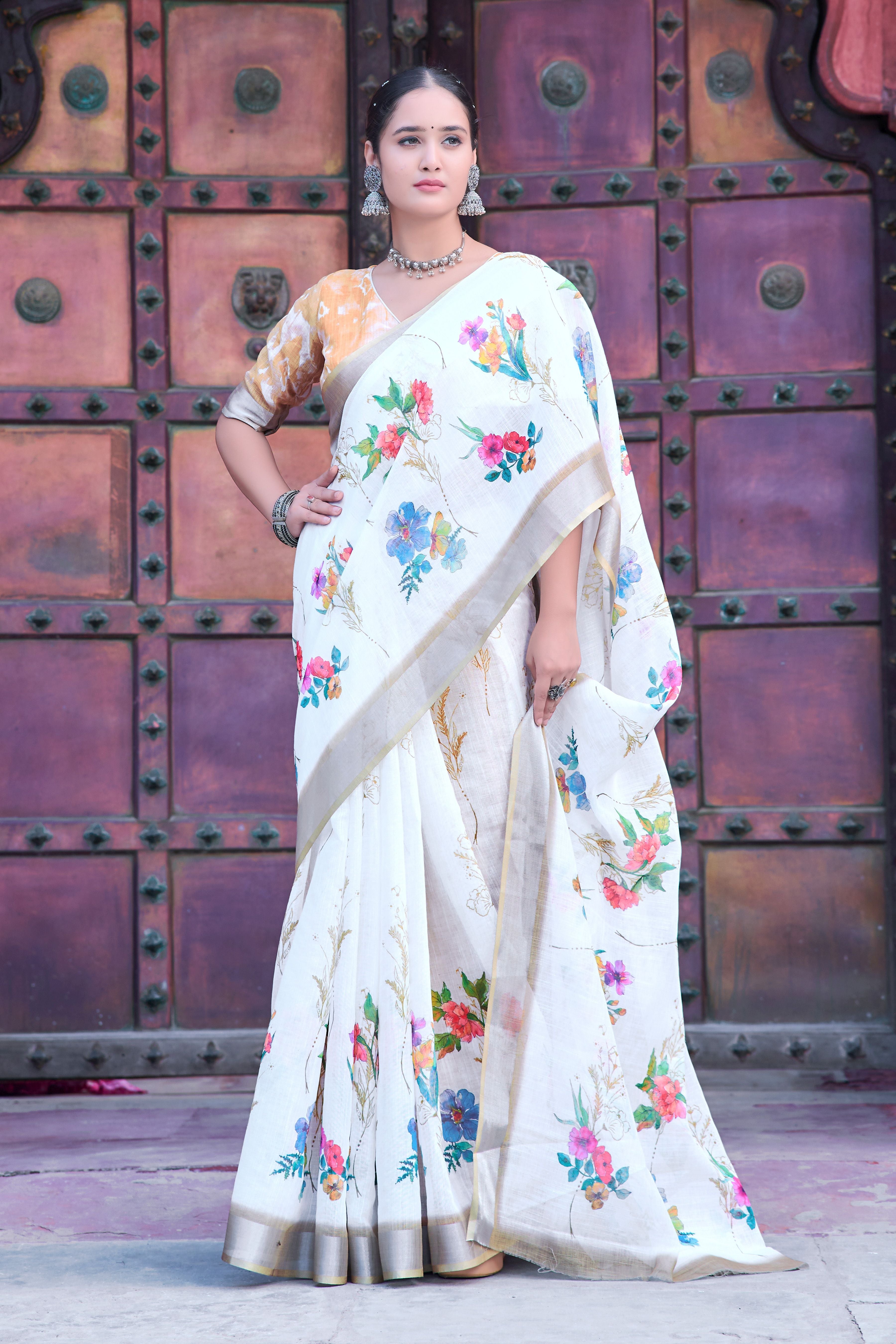 White Linen Cotton Designer Printed Ethnic Festive Saree