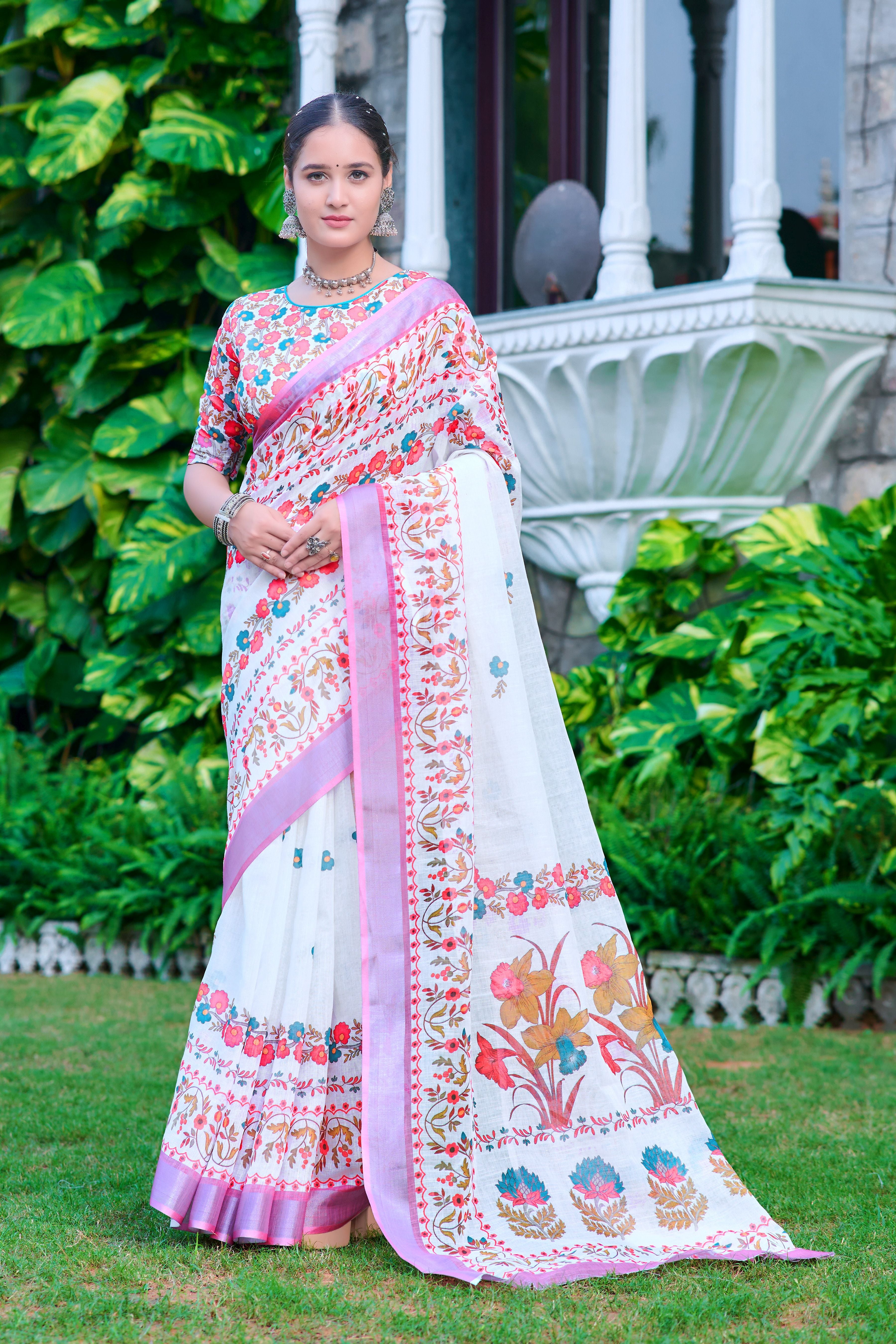 White Linen Cotton Designer Printed Ethnic Festive Saree