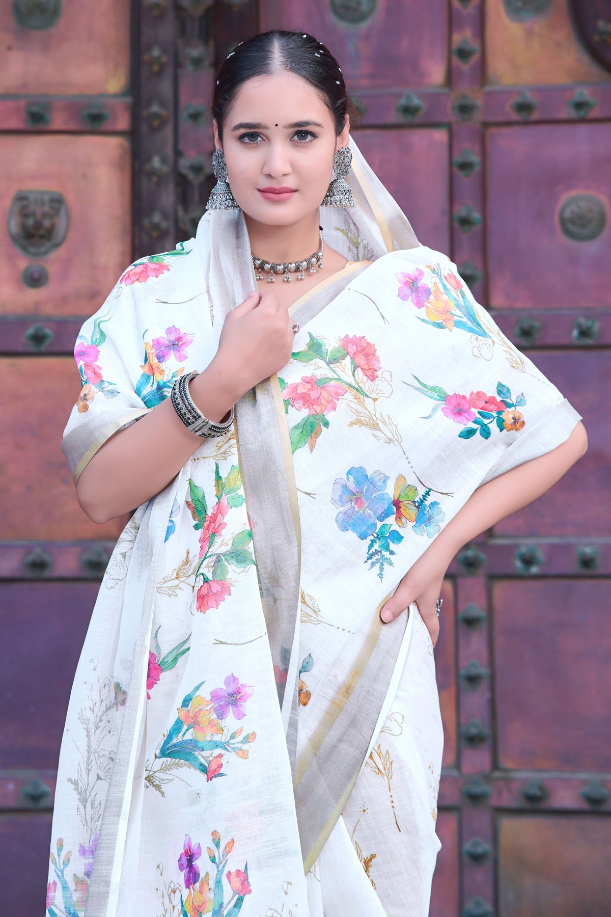 White Linen Cotton Designer Printed Ethnic Festive Saree