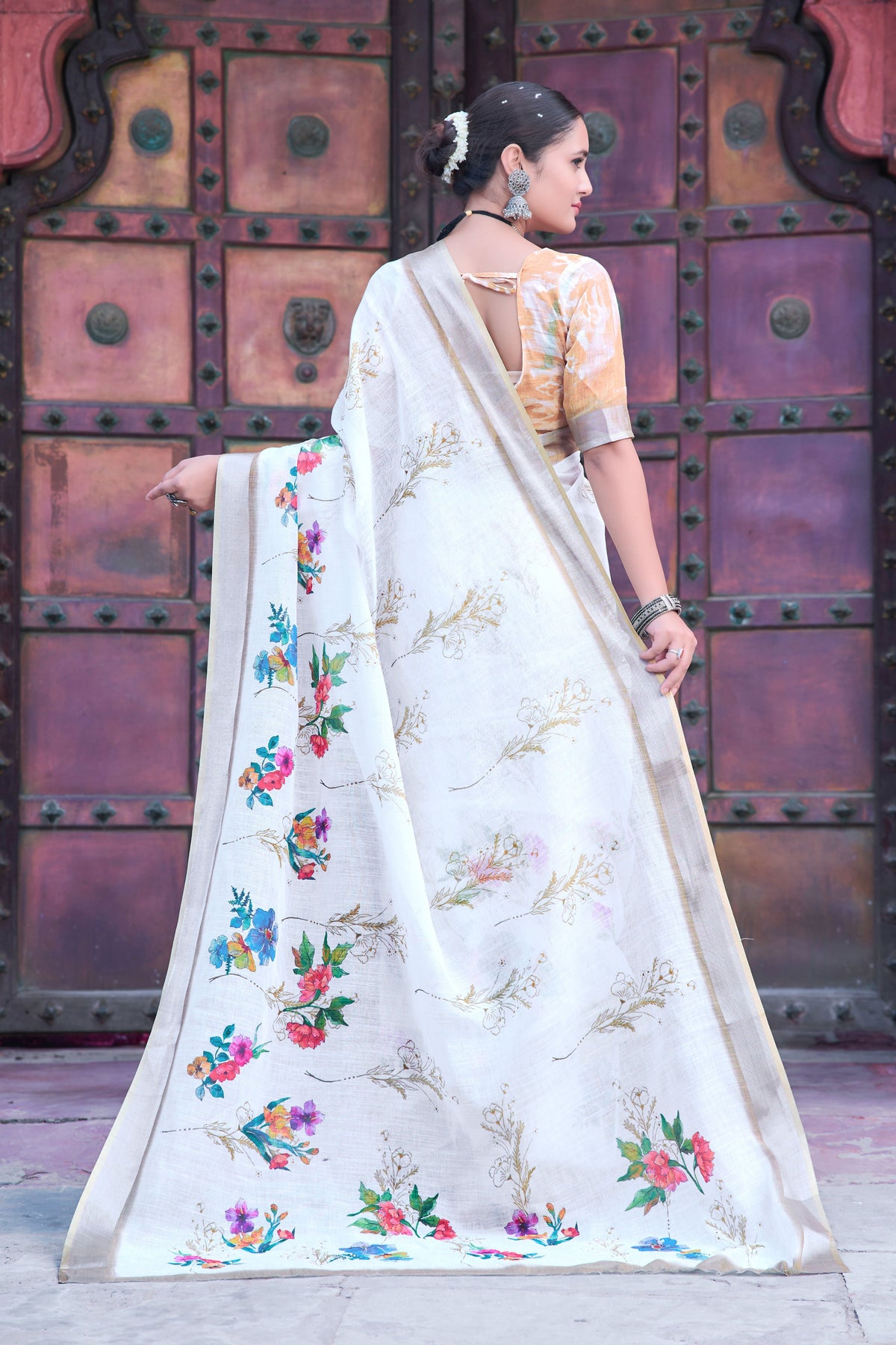 White Linen Cotton Designer Printed Ethnic Festive Saree