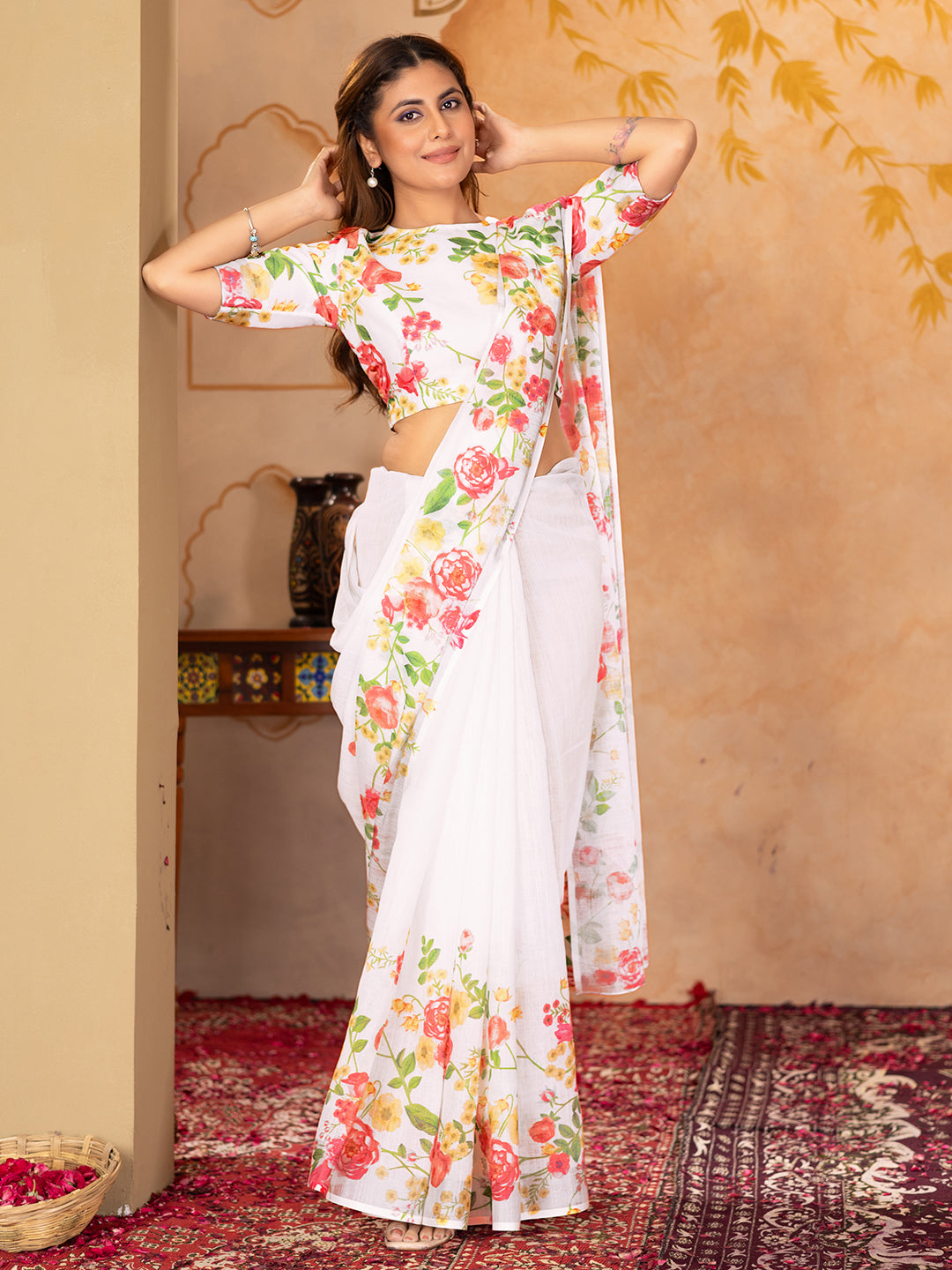 White Linen Premium Printed Saree For Women