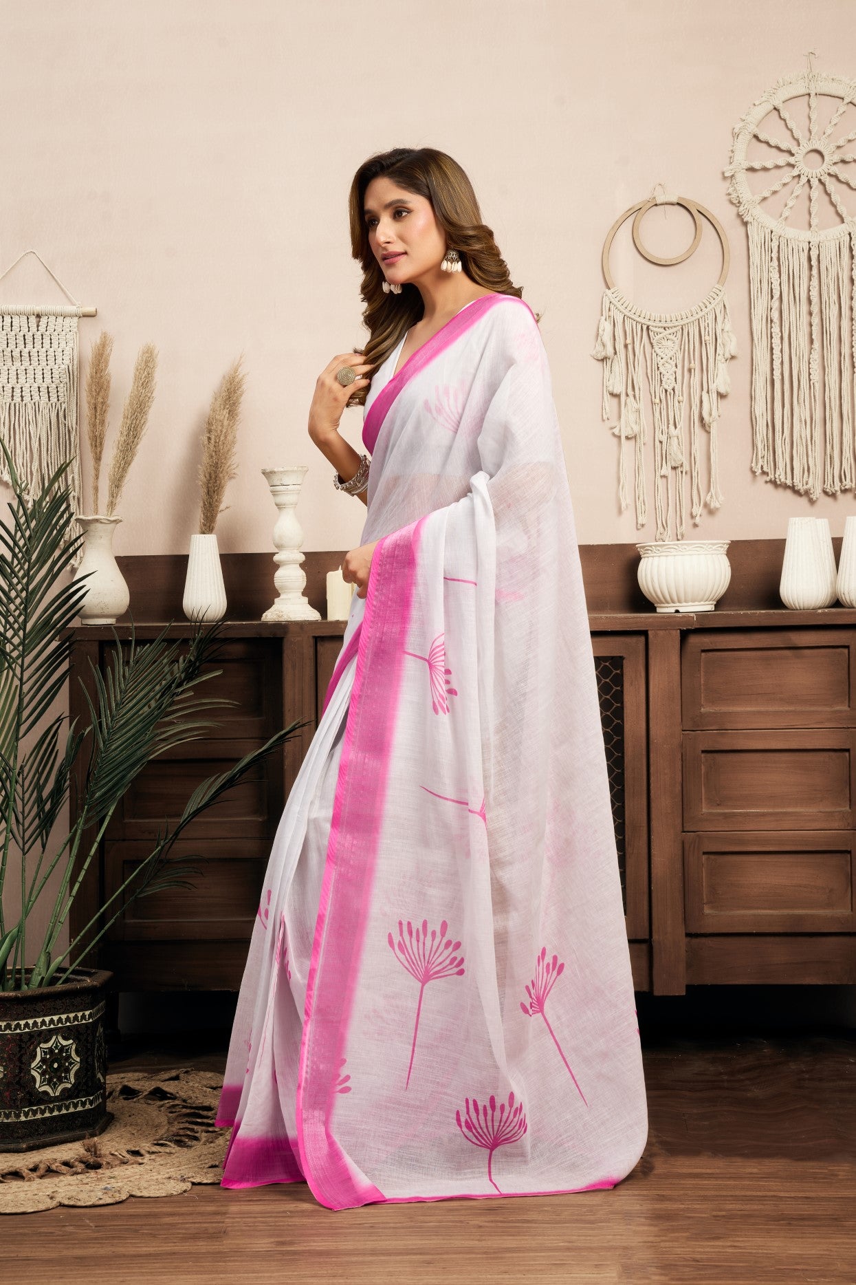 White Linen Ready To Wear Saree With Zari Border Printed