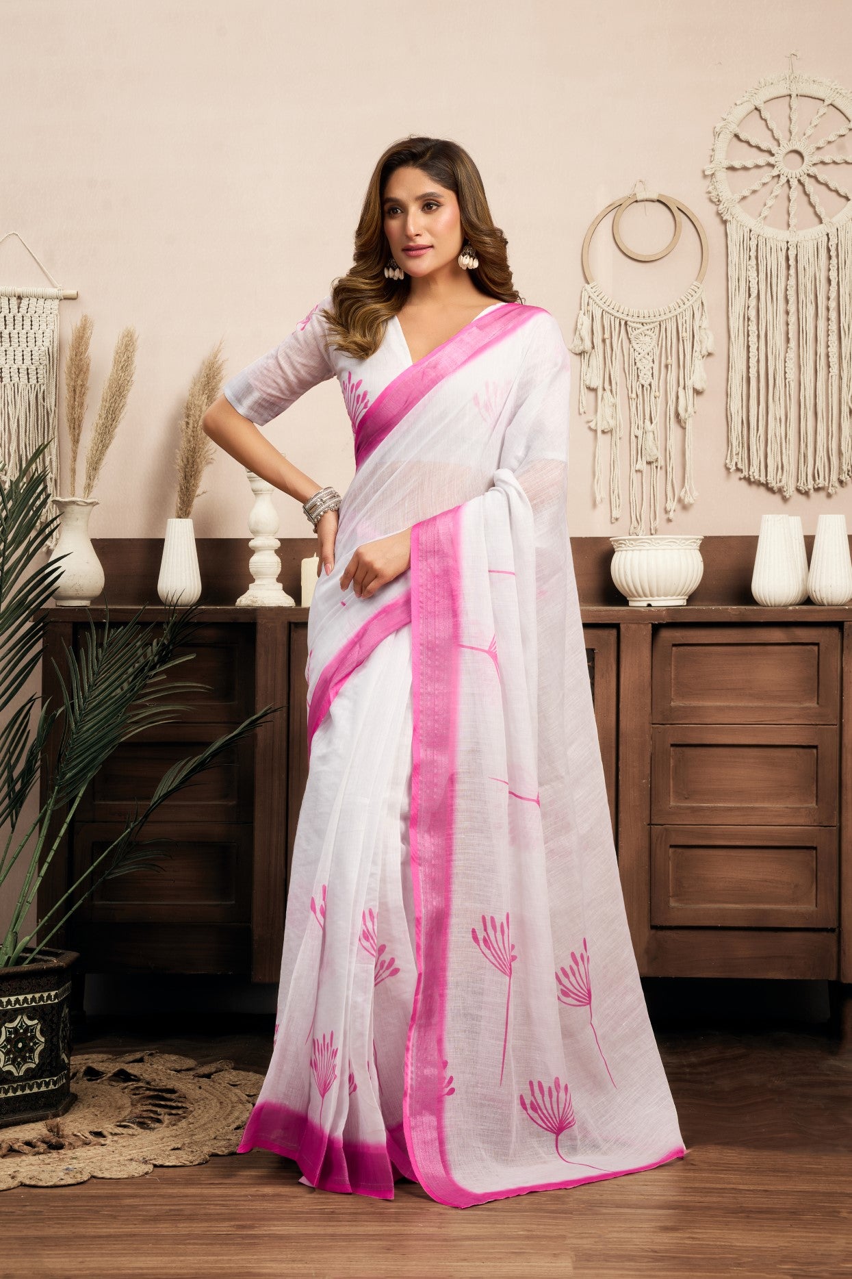 White Linen Ready To Wear Saree With Zari Border Printed