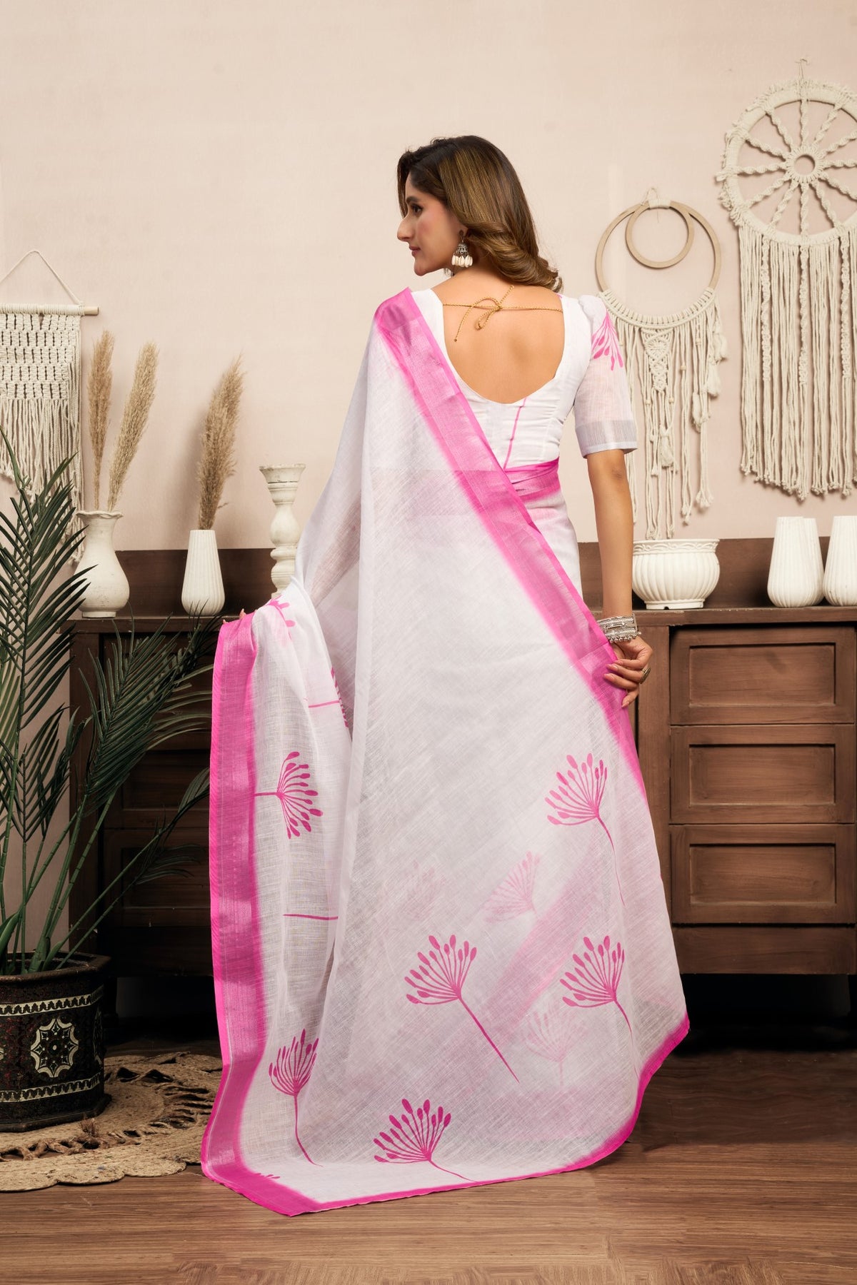 White Linen Ready To Wear Saree With Zari Border Printed