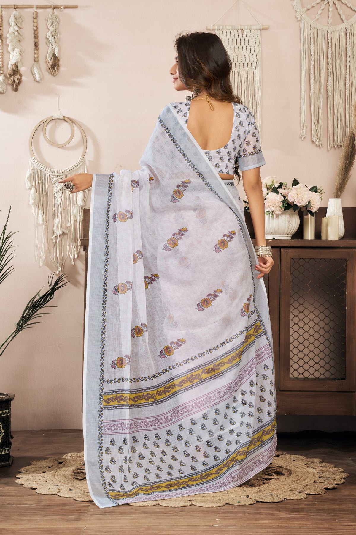 White Linen Ready To Wear Saree With Zari Border Printed