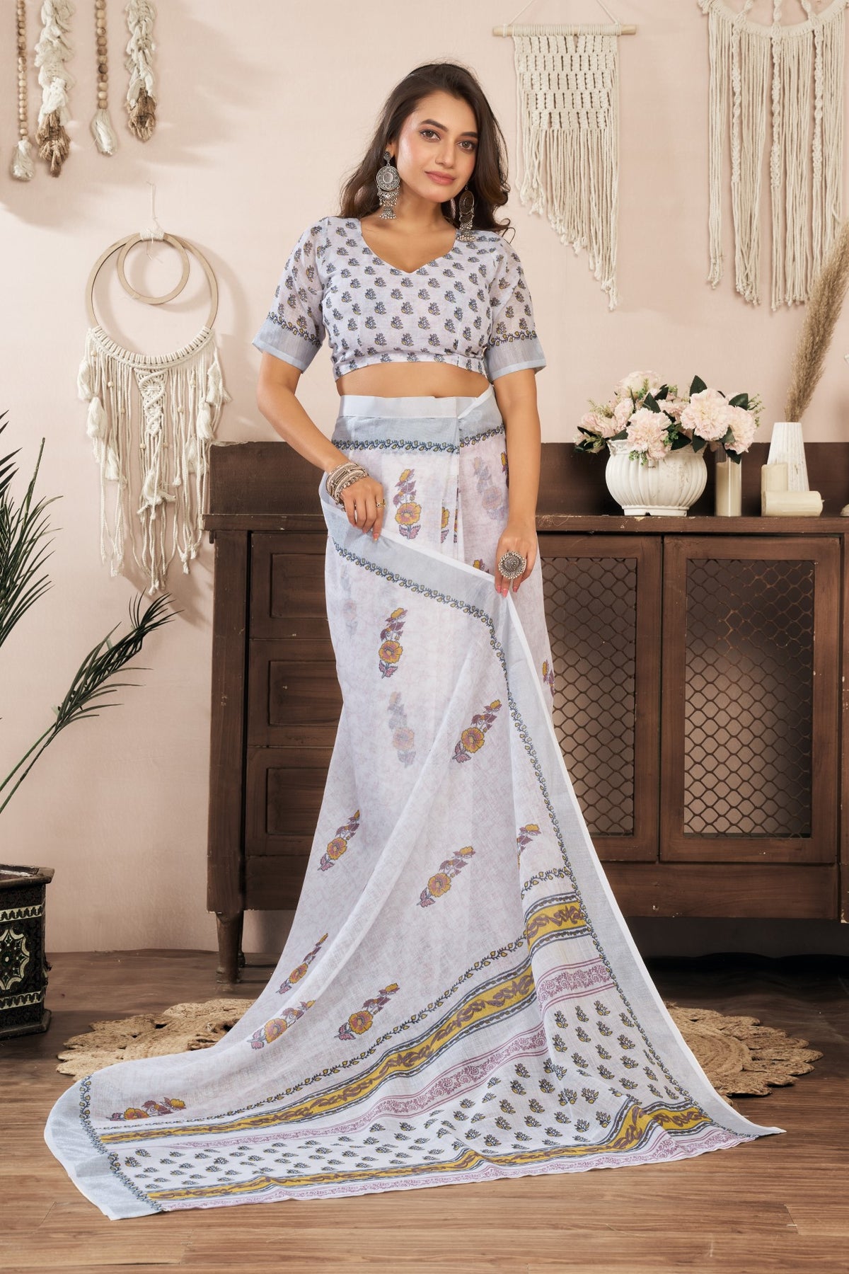 White Linen Ready To Wear Saree With Zari Border Printed