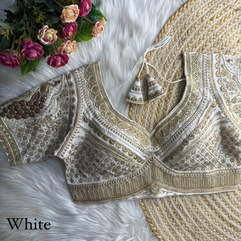 White Luxe Bridal Roman Silk Blouse with Gold Zari, Embroidery & Sequins