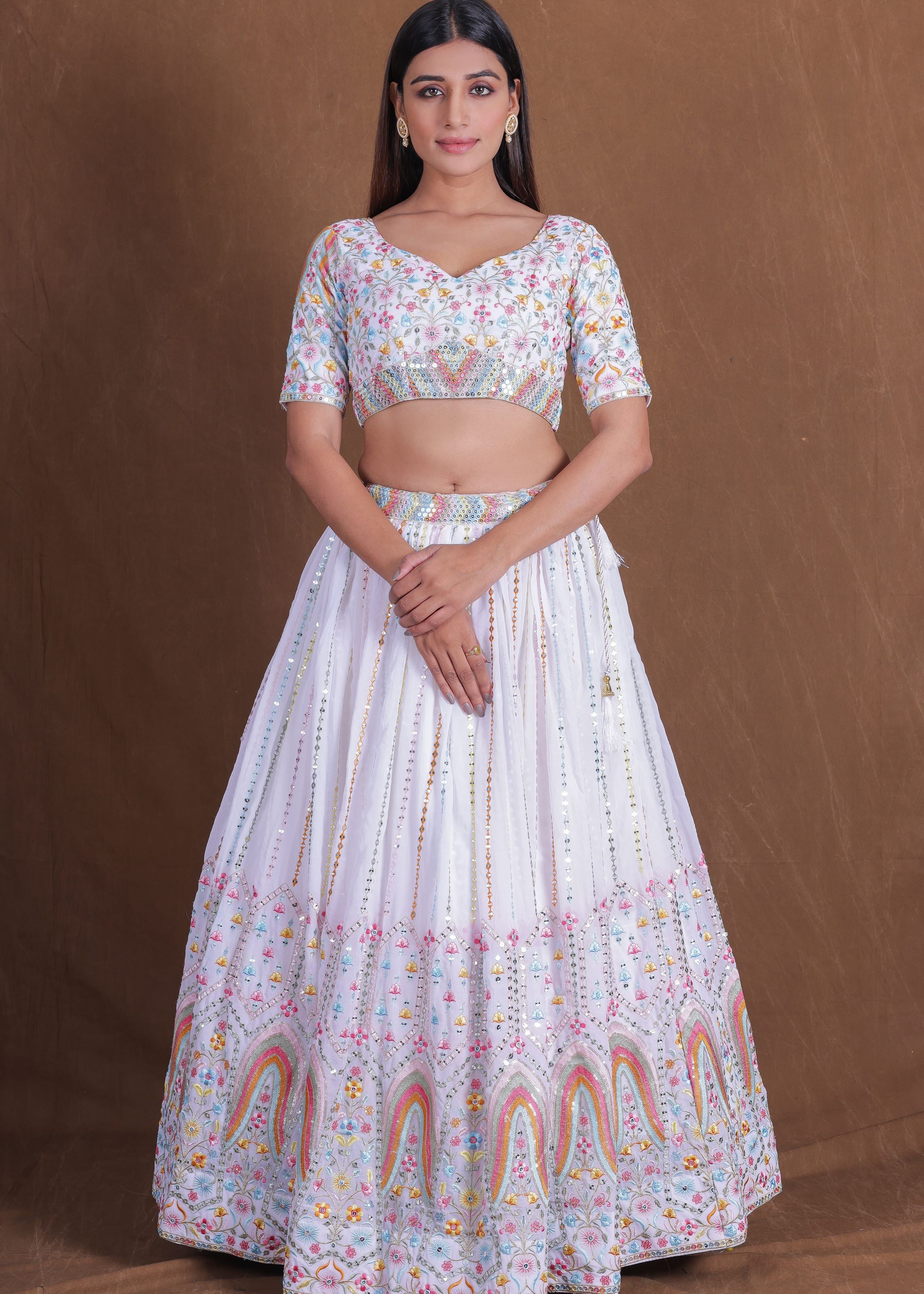 White Multi Thread Work Georgette Lehenga Choli