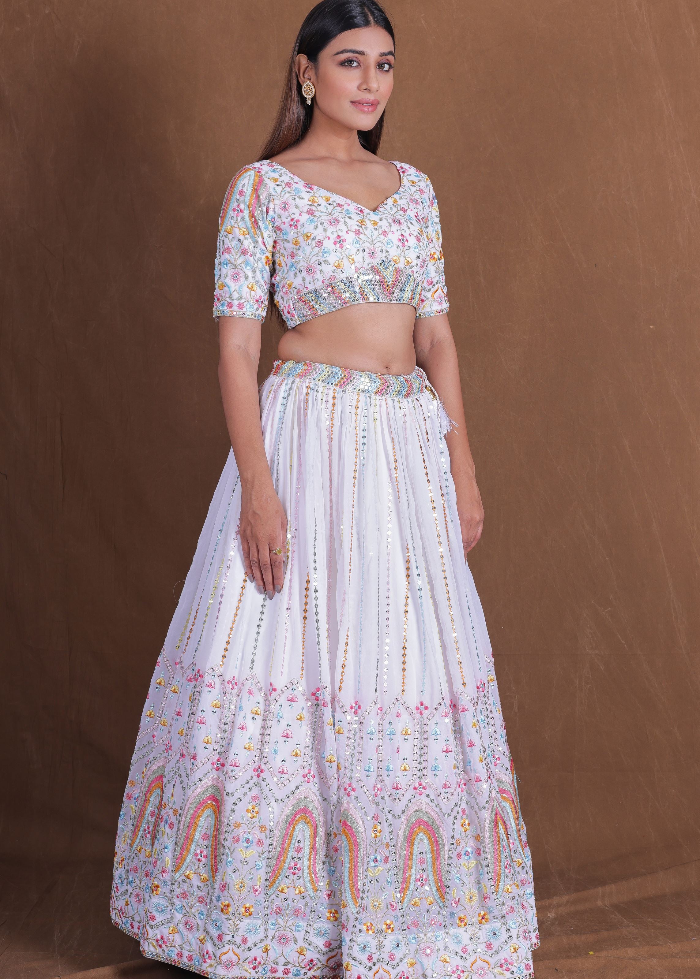 White Multi Thread Work Georgette Lehenga Choli