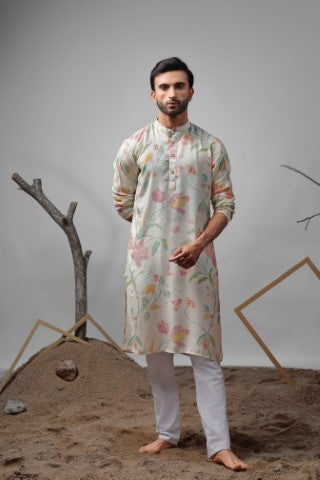White Muslin Designer Printed Ethnic Ceremonial Kurta Pajama