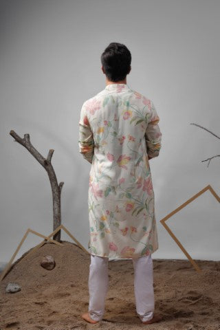 White Muslin Designer Printed Ethnic Ceremonial Kurta Pajama