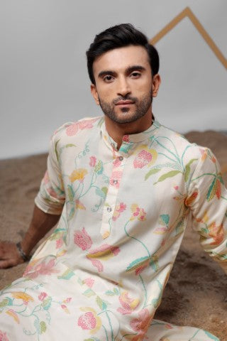 White Muslin Designer Printed Ethnic Ceremonial Kurta Pajama