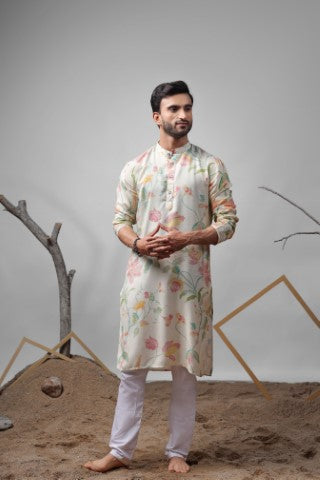 White Muslin Designer Printed Ethnic Ceremonial Kurta Pajama