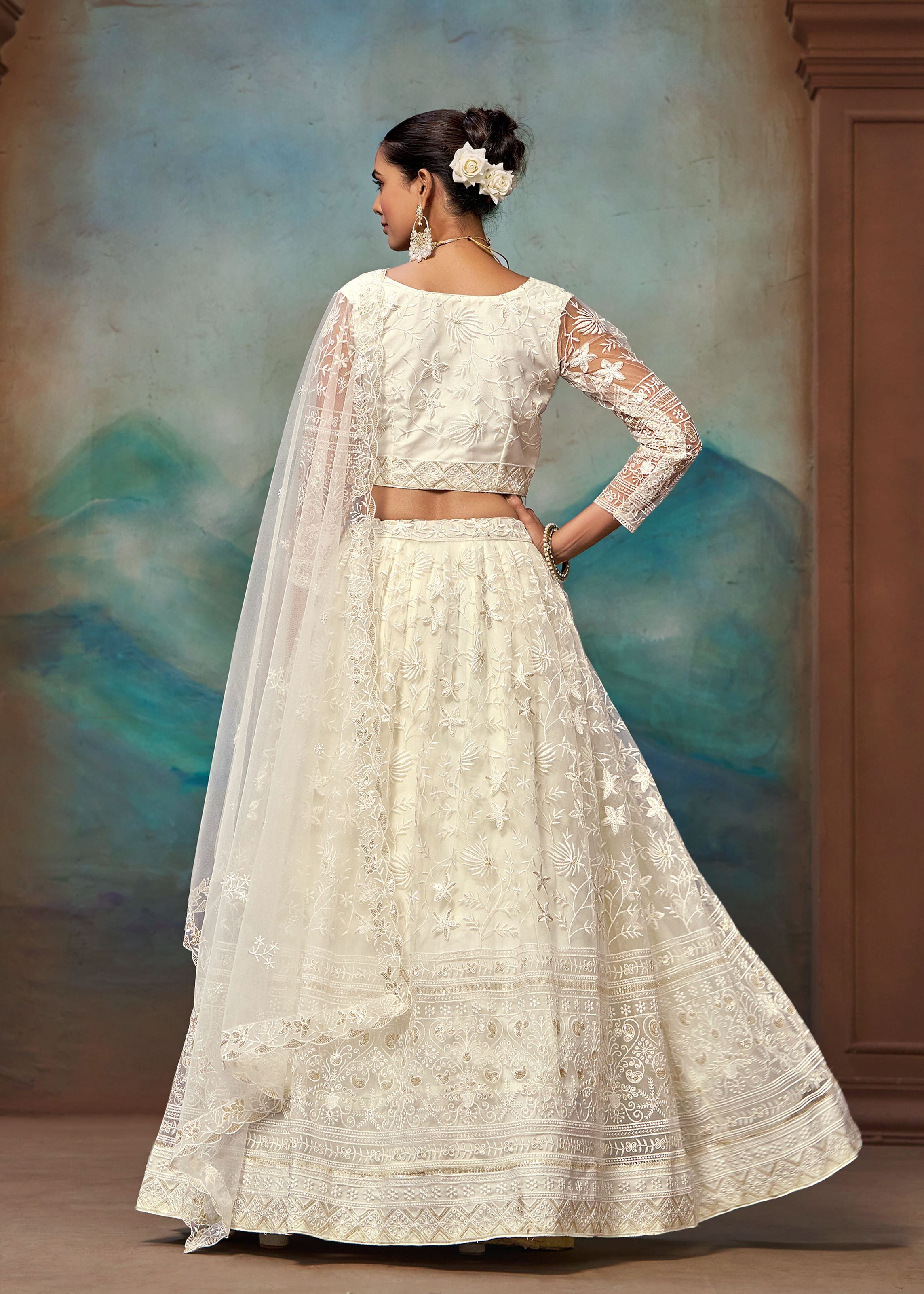 White Net Fabric Thread Embroidery Work Lehenga Choli