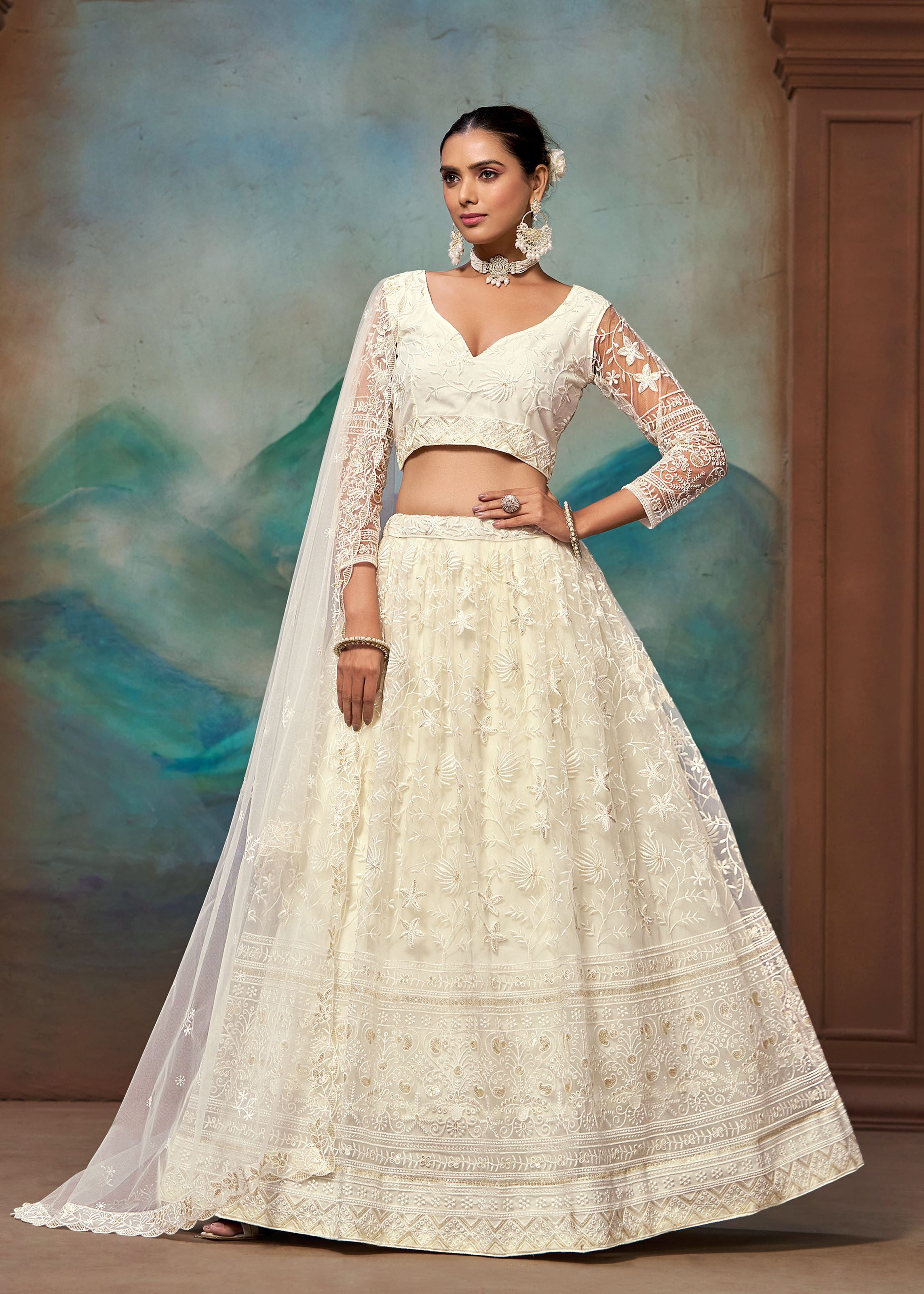 White Net Fabric Thread Embroidery Work Lehenga Choli