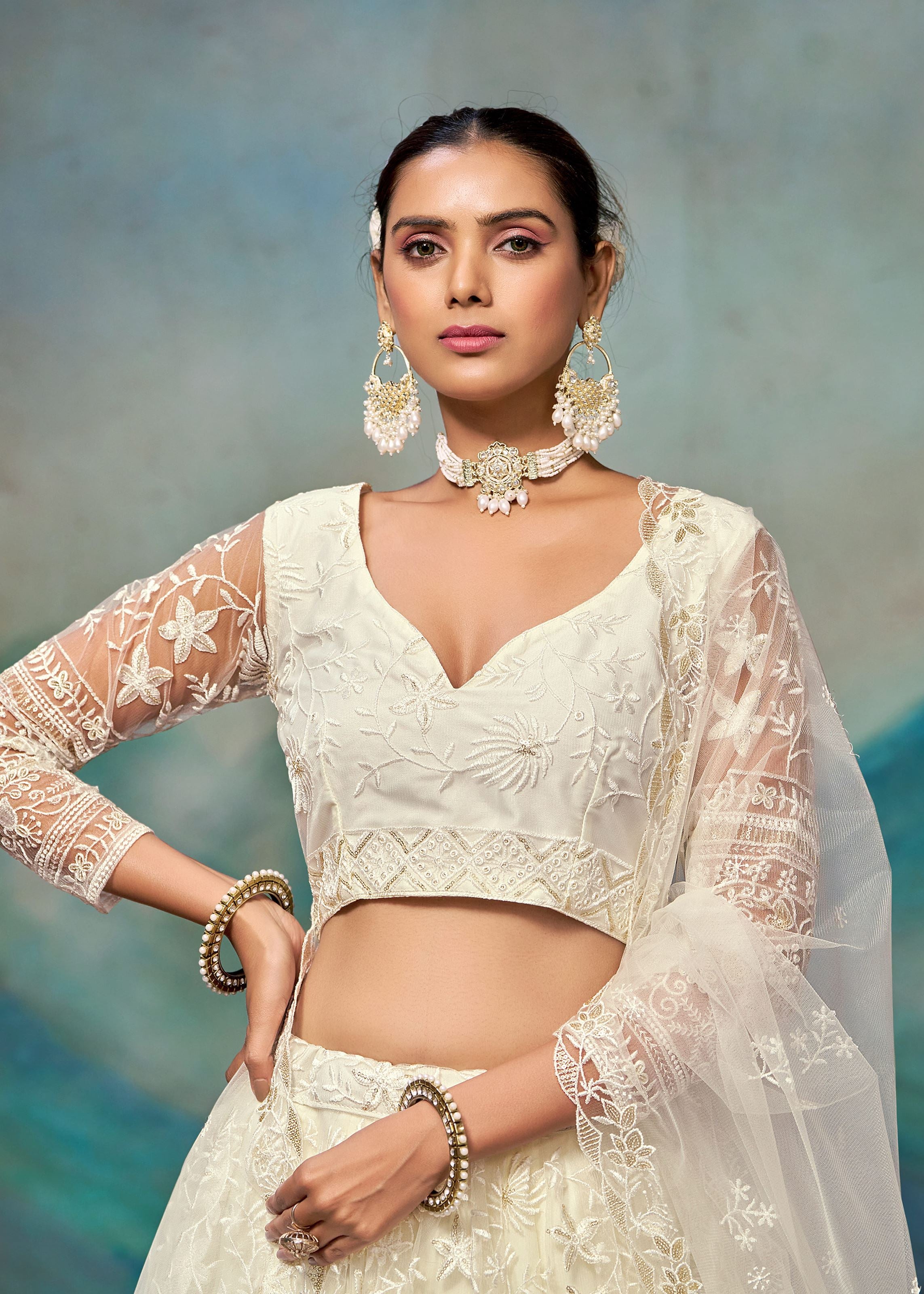 White Net Fabric Thread Embroidery Work Lehenga Choli