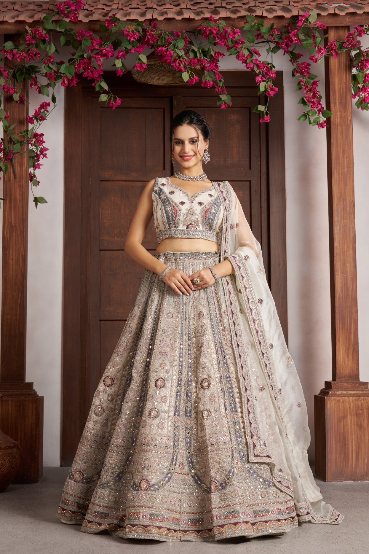 White Net Floral Embroidered Luxury Bridal Lehenga Choli