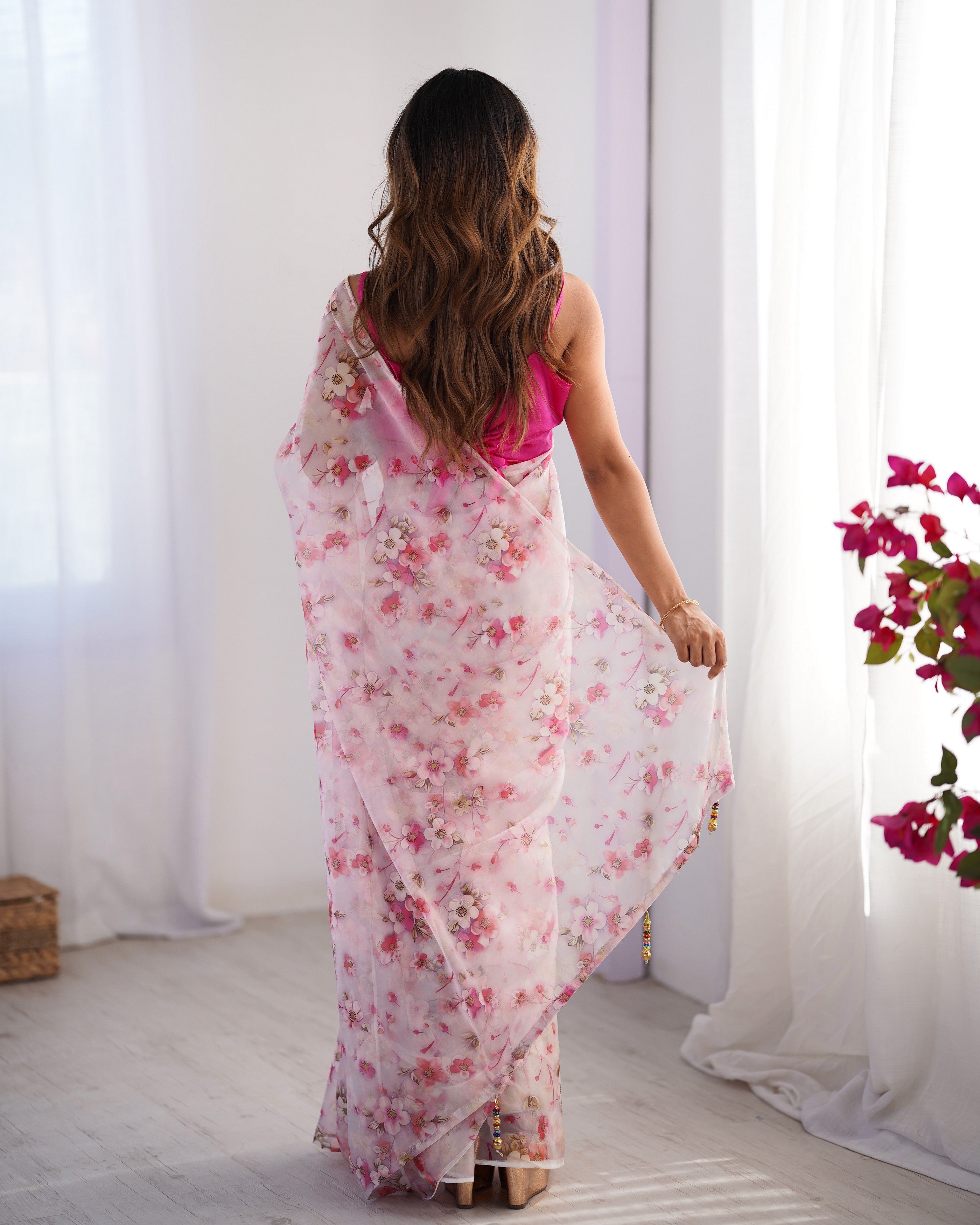 White Organza Designer Printed Fancy Partywear Saree