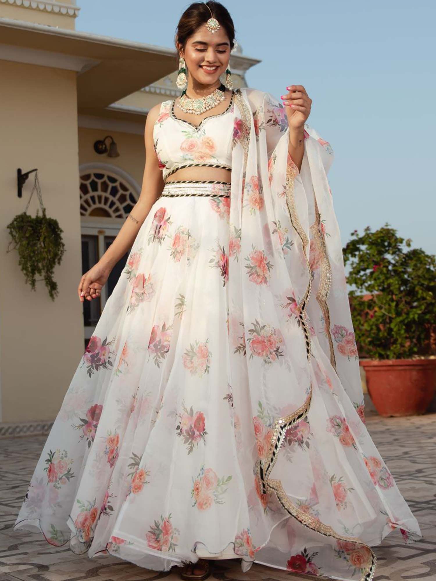 White Organza Lehenga Choli With Floral Digital Print with Embroidery Work