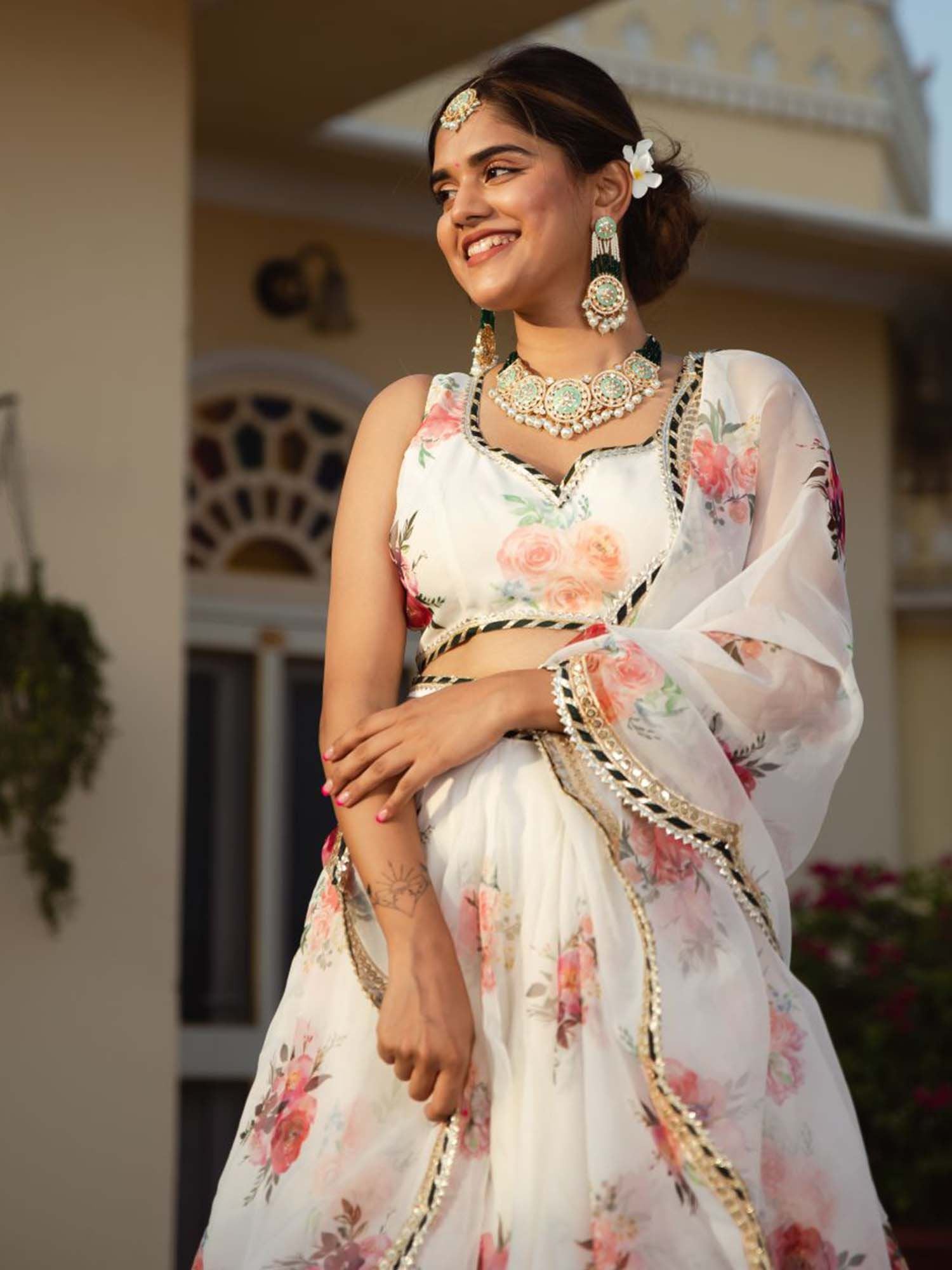 White Organza Lehenga Choli With Floral Digital Print with Embroidery Work