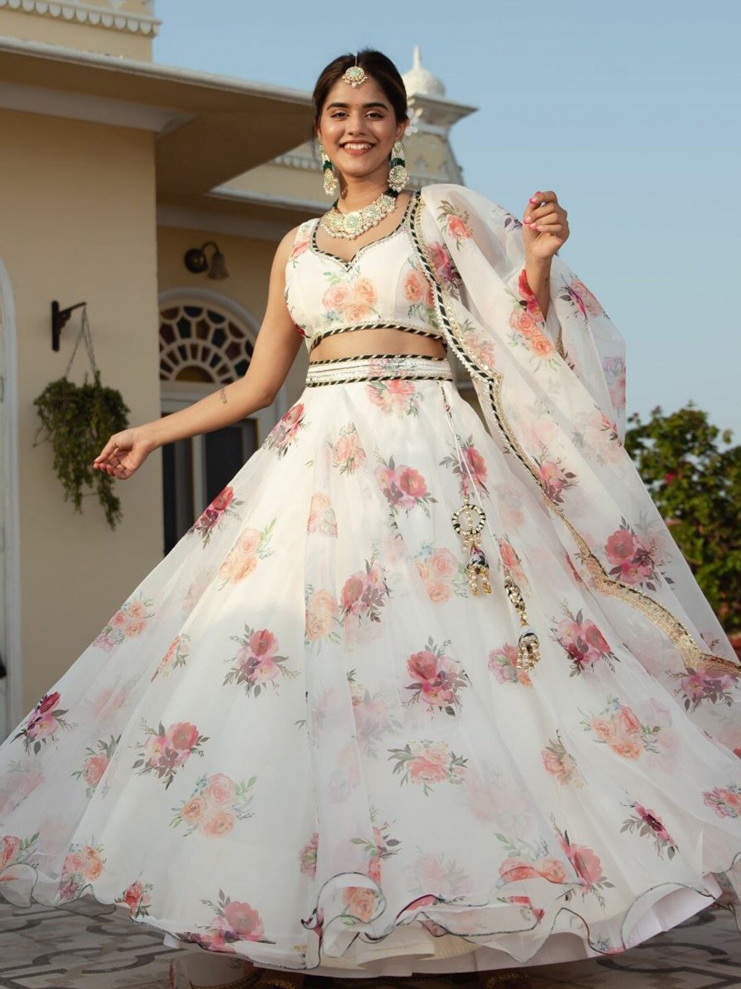 White Organza Lehenga Choli With Floral Digital Print with Embroidery Work