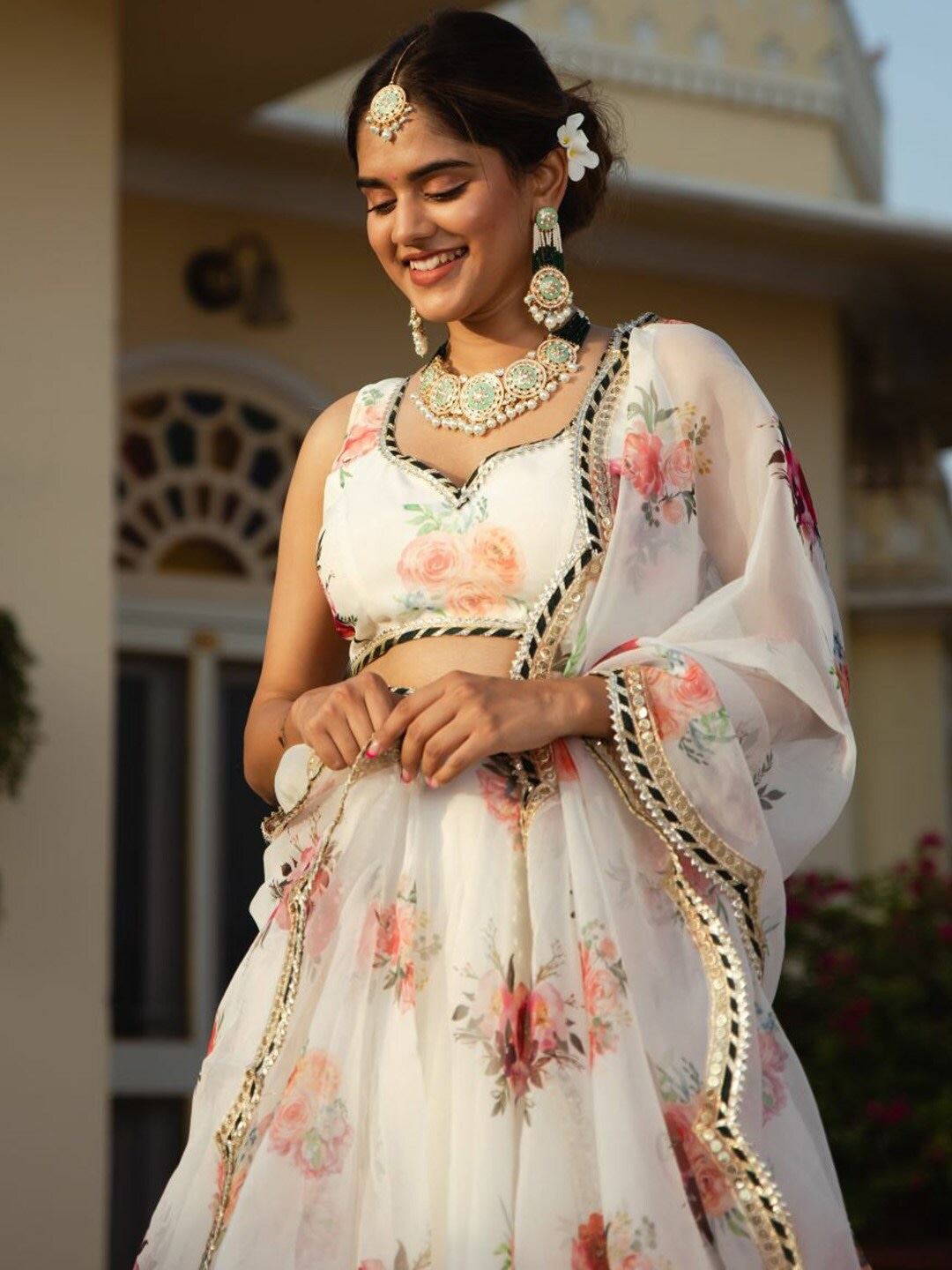 White Organza Lehenga Choli With Floral Digital Print with Embroidery Work