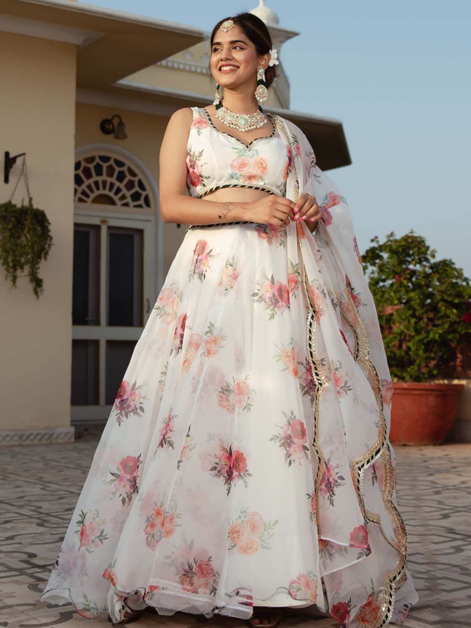White Organza Lehenga Choli With Floral Digital Print with Embroidery Work